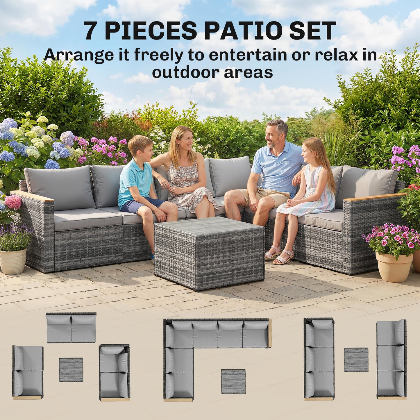 7 Piece Patio Furniture Set, L-Shaped Wicker Outdoor Sectional Sofa with Faux Wood Coffee Table, Cushions, Light Grey