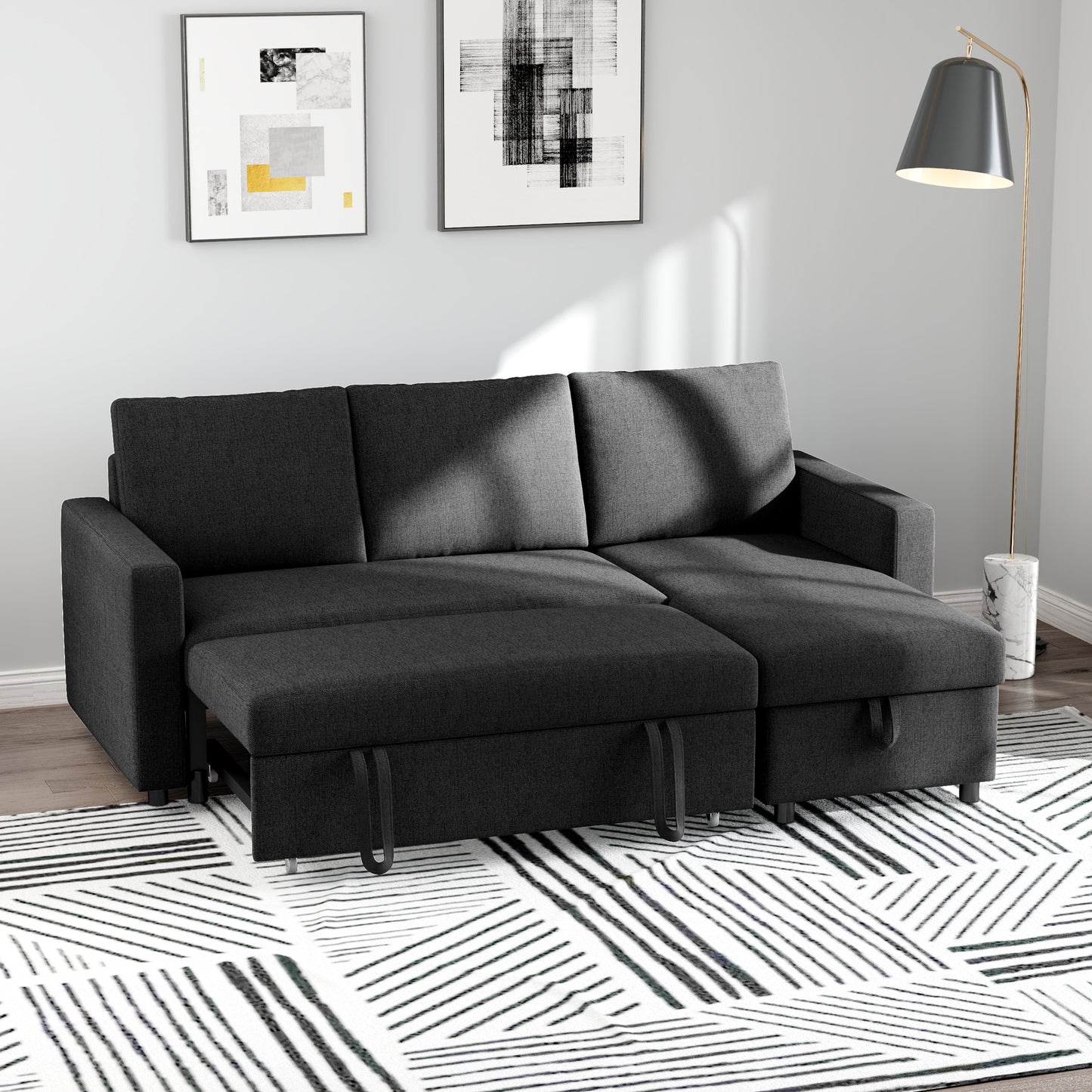 83" Pull-Out Sleeper Sectional with Storage Chaise - Black