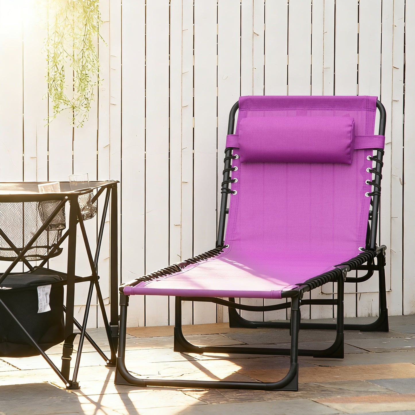 Outdoor Folding Lounge Chair, 4-Level Adjustable Chaise Lounge with Headrest, Tanning Chair Beach Bed, Reclining Lounger Cot for Camping, Hiking, Backyard, Purple