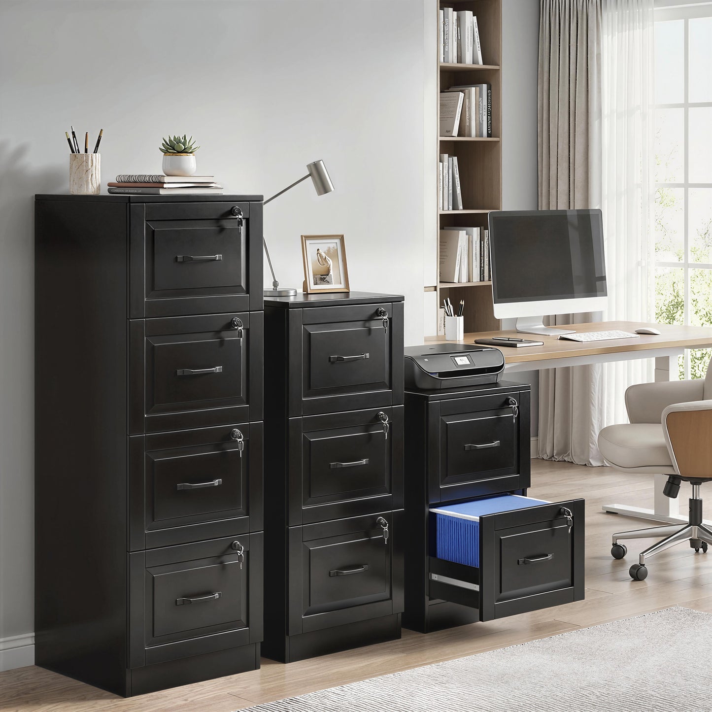 4 Drawer File Cabinet with Lock, Vertical Filing Cabinet with Adjustable Hanging Bars for A4 and Letter Size, Black