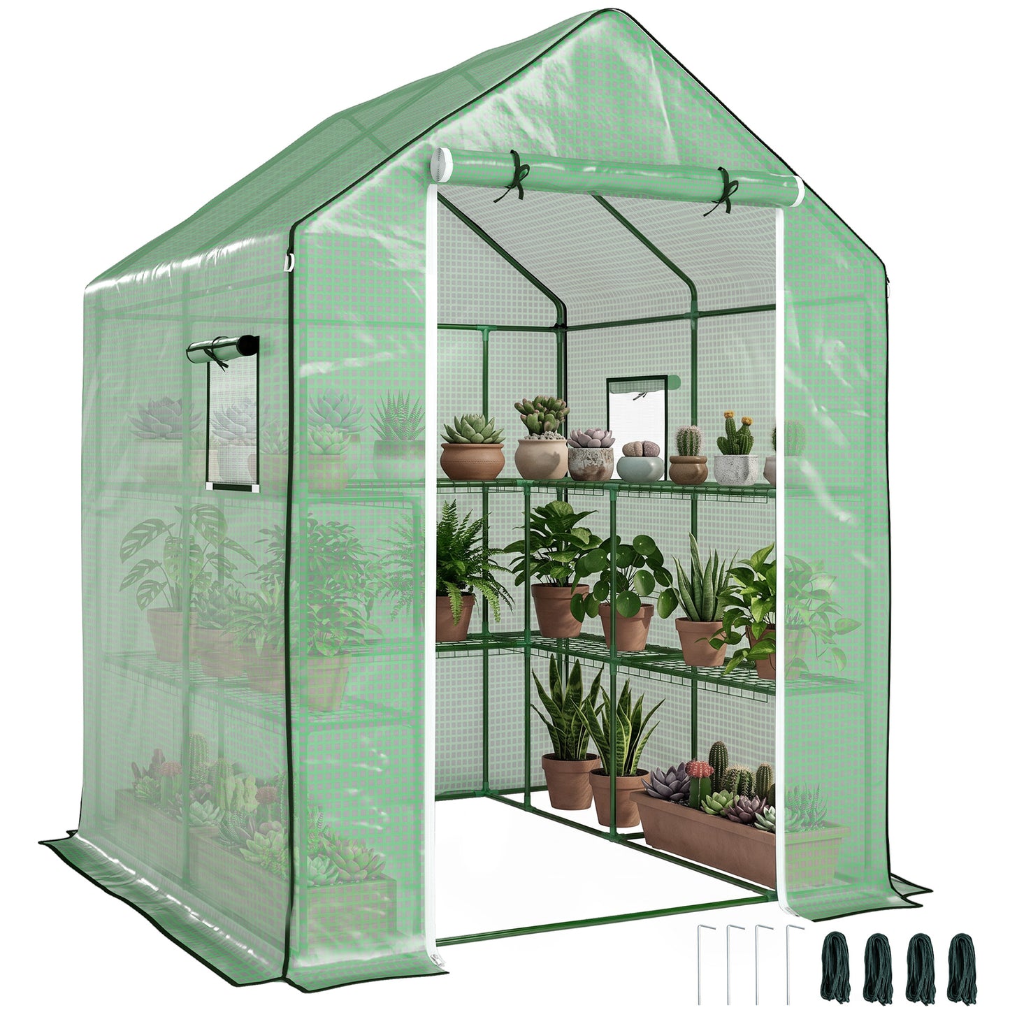 Portable Greenhouse, Walk-In Small Outdoor Green House with 2 Tier U-Shaped Flower Rack Shelves, 4.6' x 4.7', Green