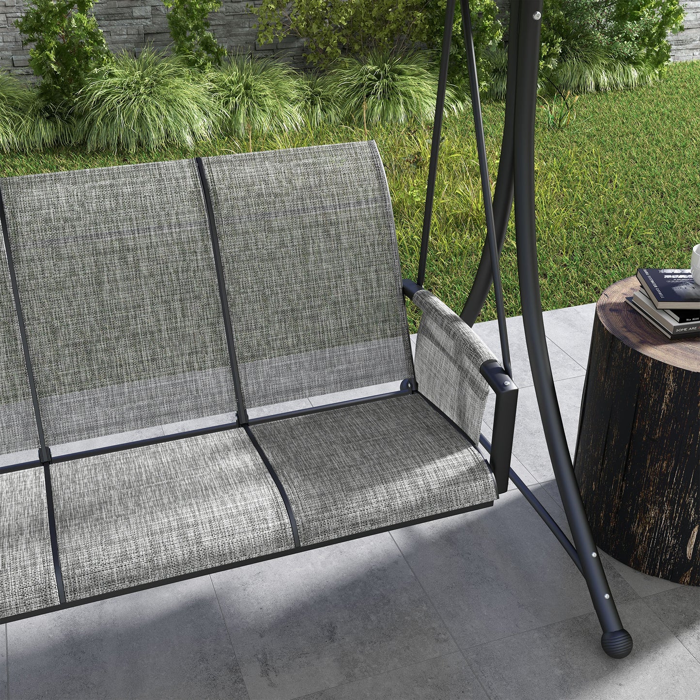 3 Person Outdoor Porch Swing Chair with Adjustable Canopy, Mixed Grey