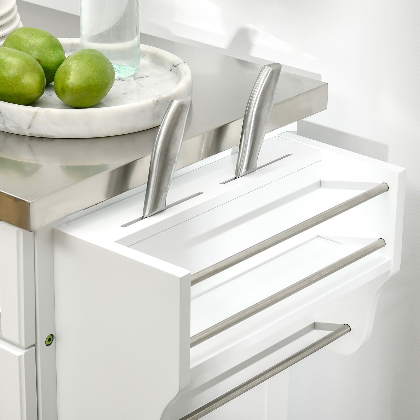 Kitchen Island with Stainless Steel Top, Rolling Kitchen Cart on Wheels with Storage Drawer, Cabinet, Towel Rack and Spice Rack (White)
