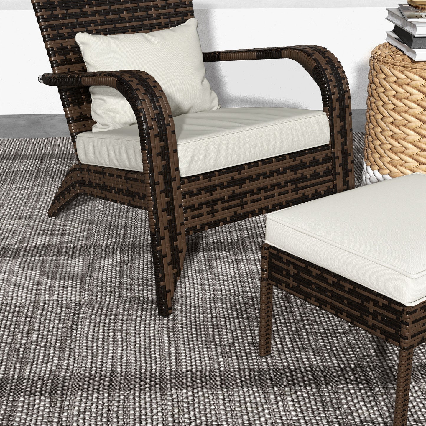 Wicker Adirondack Chair with Ottoman, Patio Cushioned Muskoka Chair with Armrests Brown/Cream White