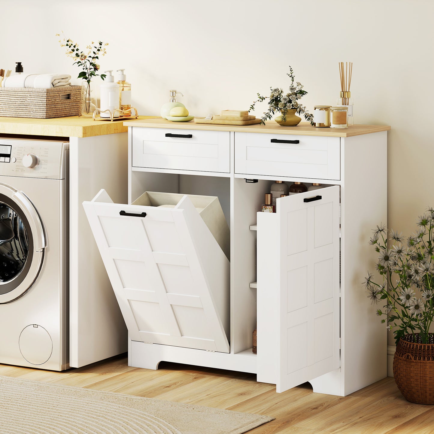 13 Gallon Tilt Out Garbage Cabinet, Kitchen Island with Trash Cabinet, 2 Drawers, Door Racks, Adjustable Shelves, White