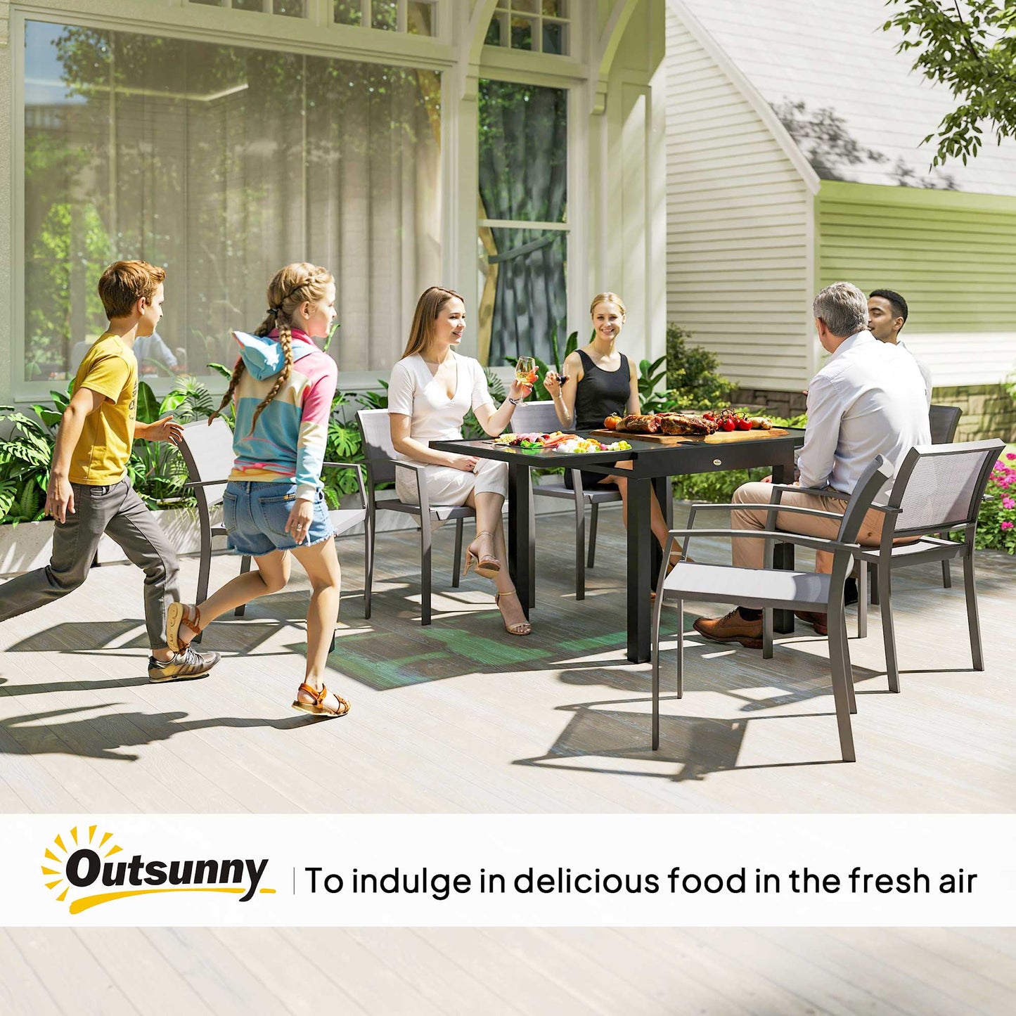 Extendable Patio Dining Table, Tempered Glass Aluminum Outdoor Table for Garden Lawn Backyard, Clear