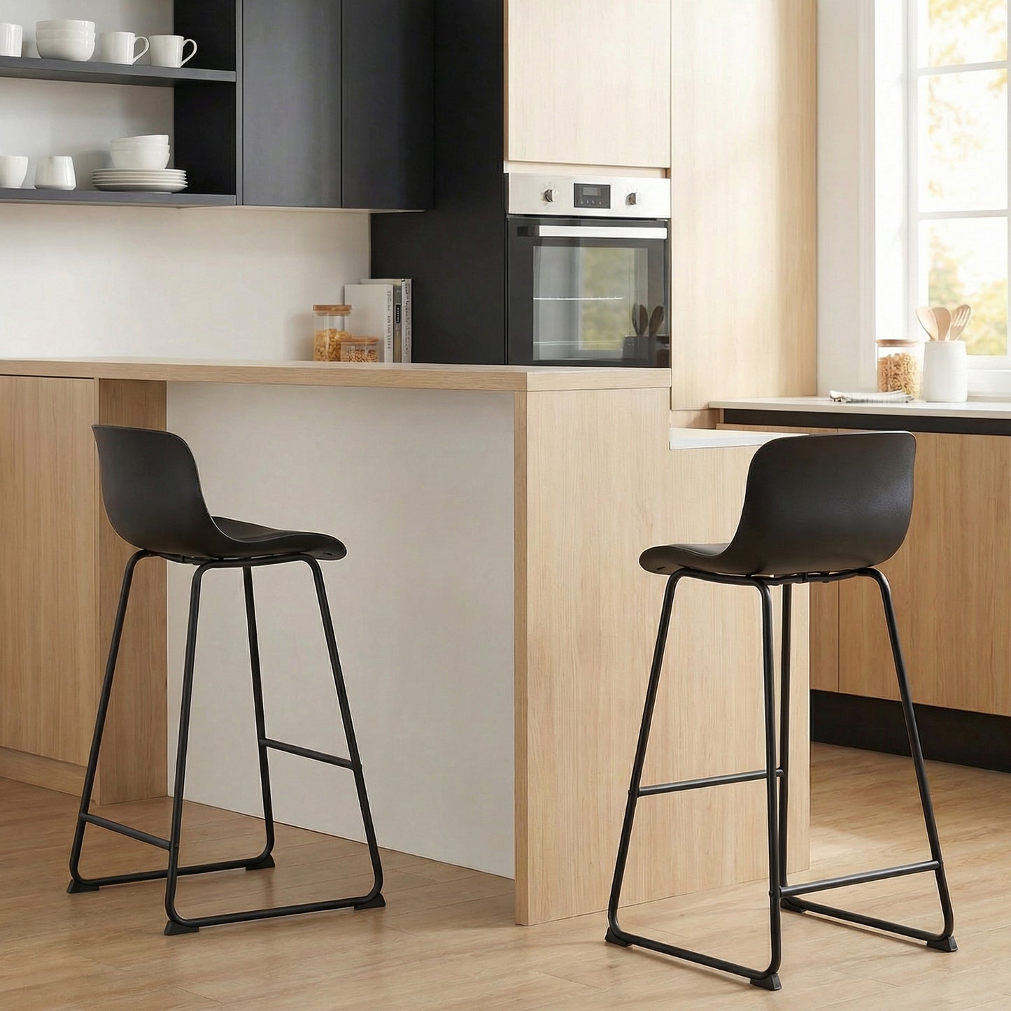 Modern Bar Stools Set of 2, PU Leather Barstools, Counter Height Kitchen Chairs for Breakfast Bars, Dining Room, Black