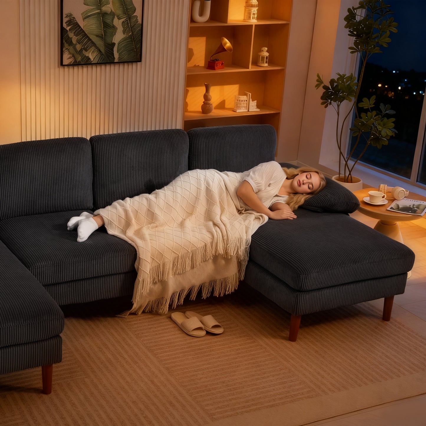U Shape Couch with Double Chaise Lounge, Modern 4 Seater Sofa with Wooden Legs, Fabric Sofa for Living Room, Dark Grey