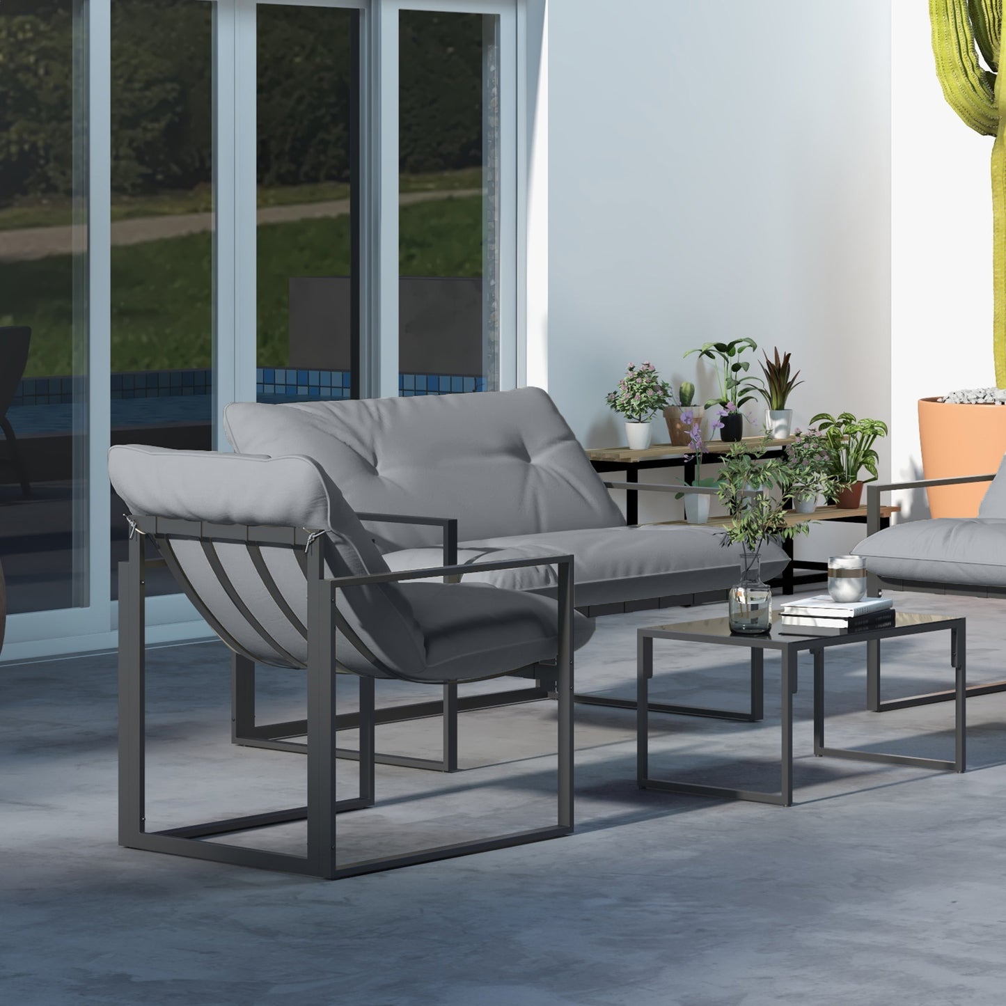 4 Piece Outdoor Furniture Set, Patio Conversation Set with Tempered Glass Table, Loveseat, Chairs, Cushions, Light Grey