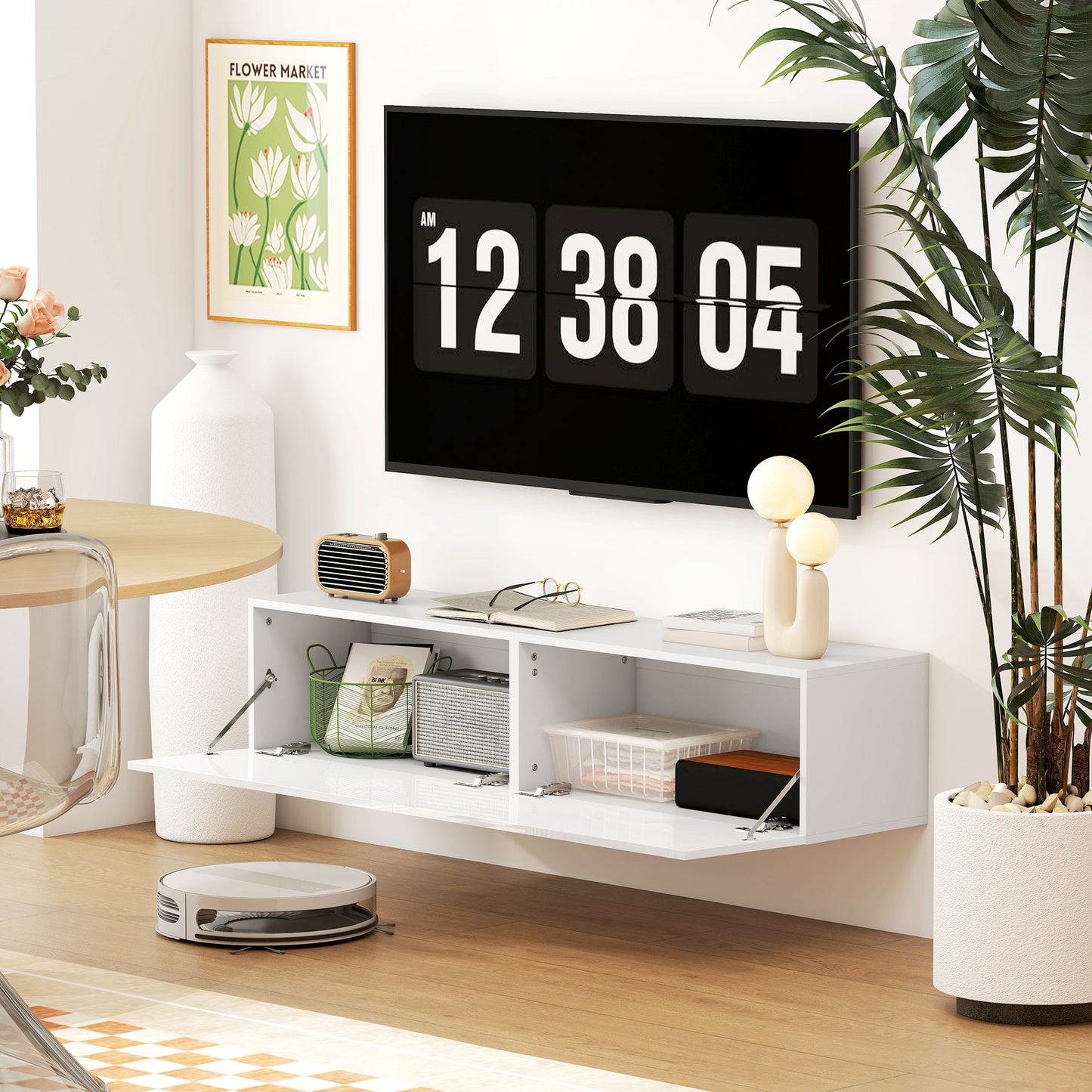 Floating TV Stand with Storage Cupboards for 45, 55, 65in TVs, Wall Mounted TV Console Entertainment Unit, White