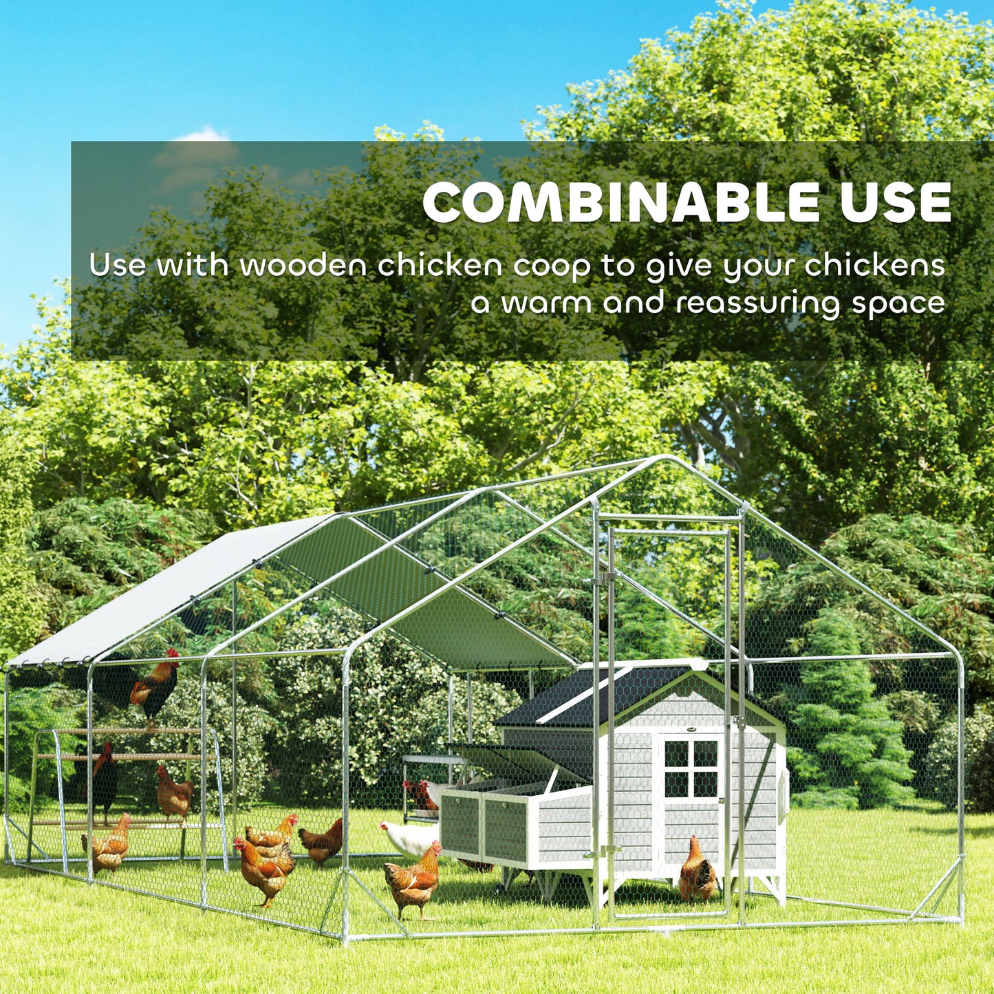 Metal Chicken Coop Run w/ Waterproof Cover, Nesting Box, Roosting Bars, for Outdoor Backyard