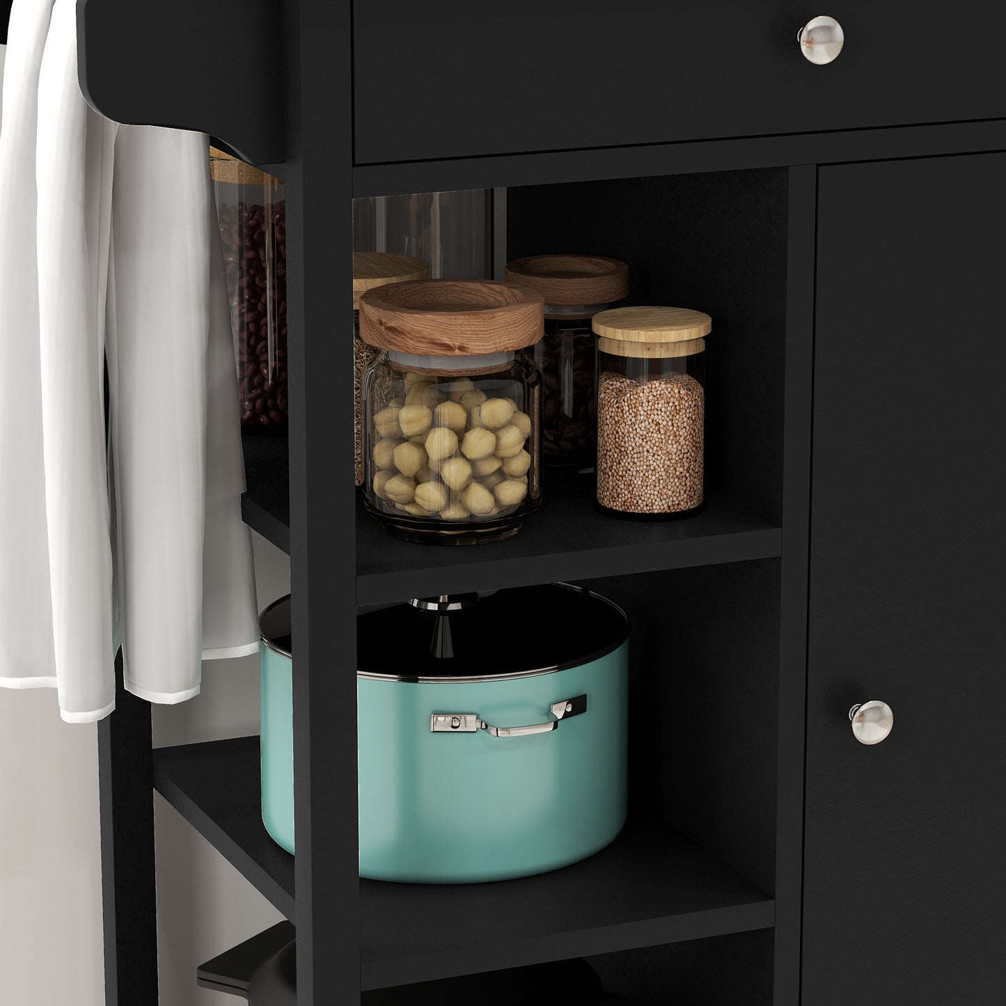 Modern Rolling Kitchen Island Cart with Drawer, Natural Wood Top, Towel Rack, Door Storage Cabinet, Black