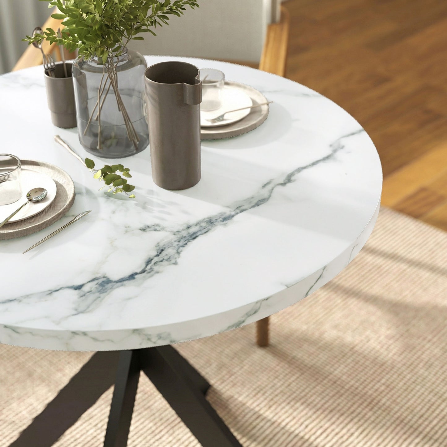 29" Dining Table, Contemporary Round Kitchen Table with Steel Legs, White Marble-Effect
