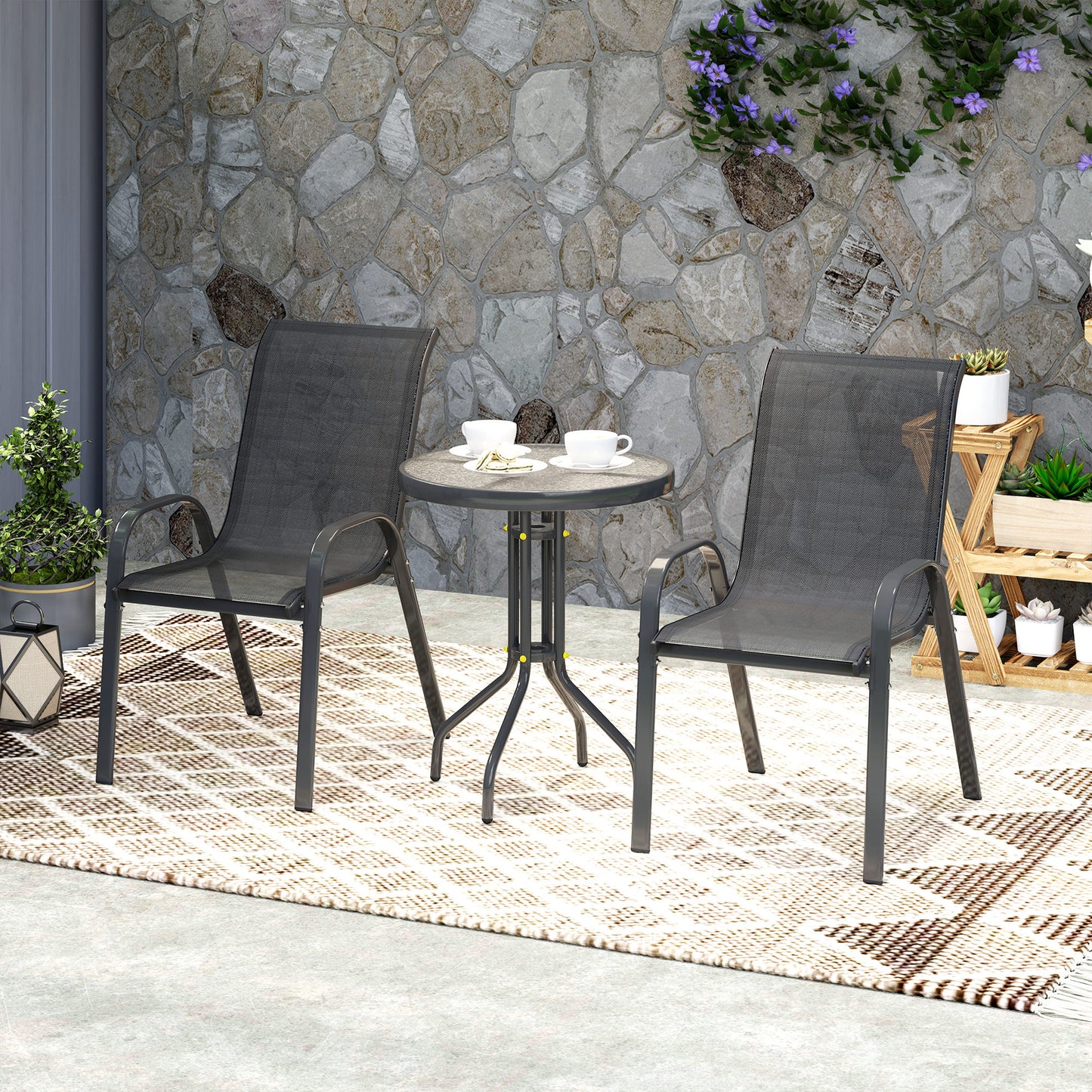 3 Pieces Bistro Set, Small Patio Furniture Set with Stackable Mesh Chairs, Glass Table for Garden, Light Mixed Brown