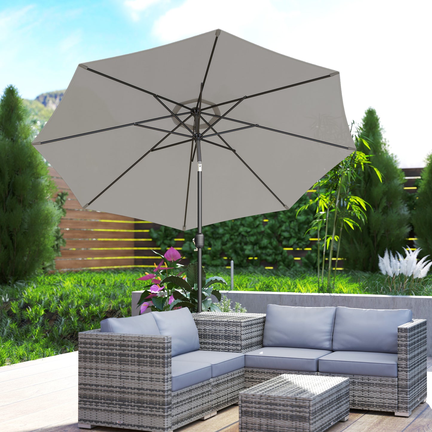 10' x 8' Round Market Umbrella, Patio Umbrella with Crank Handle and Tilt, Outdoor Parasol for Garden, Bench, Lawn, Light Grey