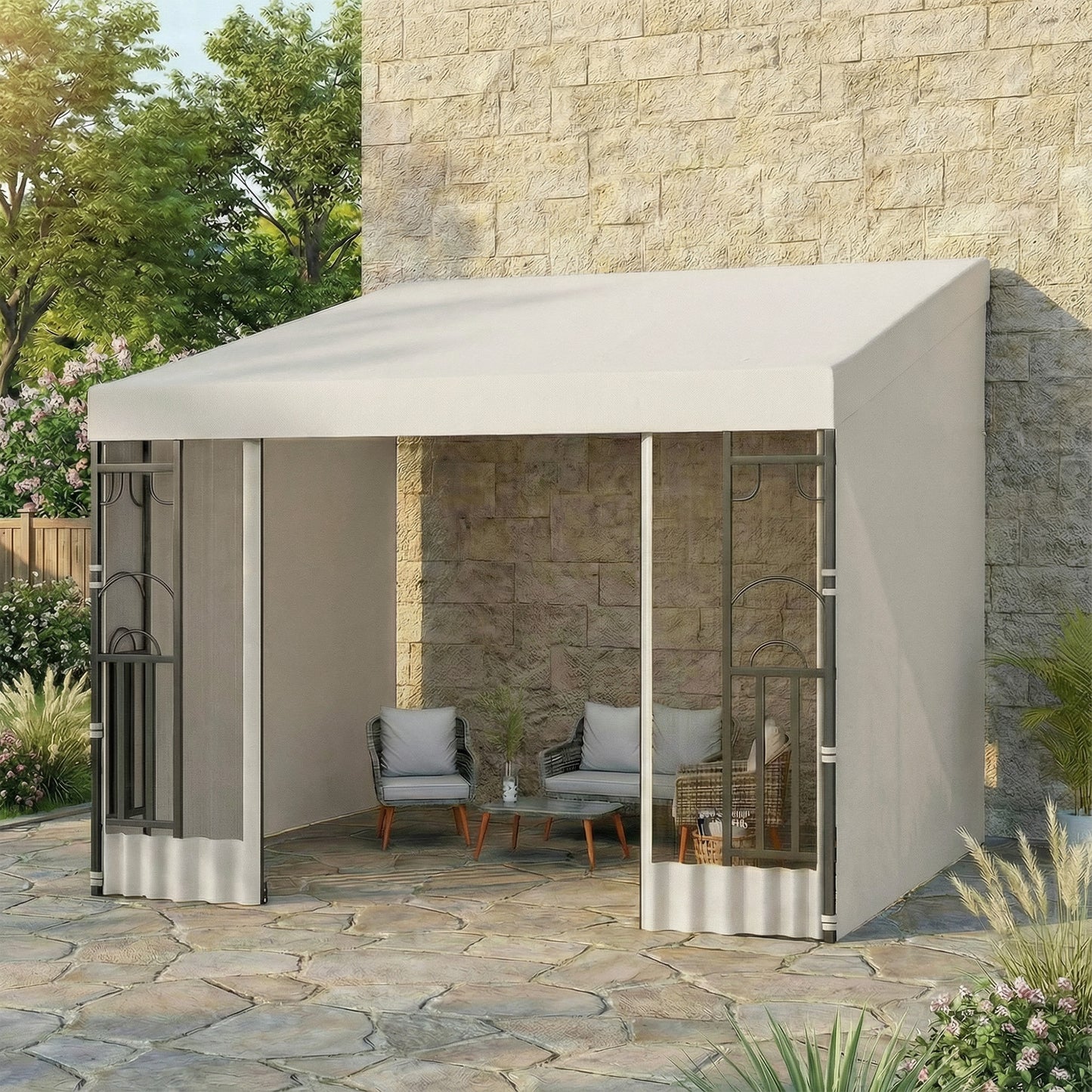 10' x 10' Wall Pergola, Outdoor Gazebo with 2 Curtains and 2 Nettings, UV Resistant, for Patio, Deck, Beige