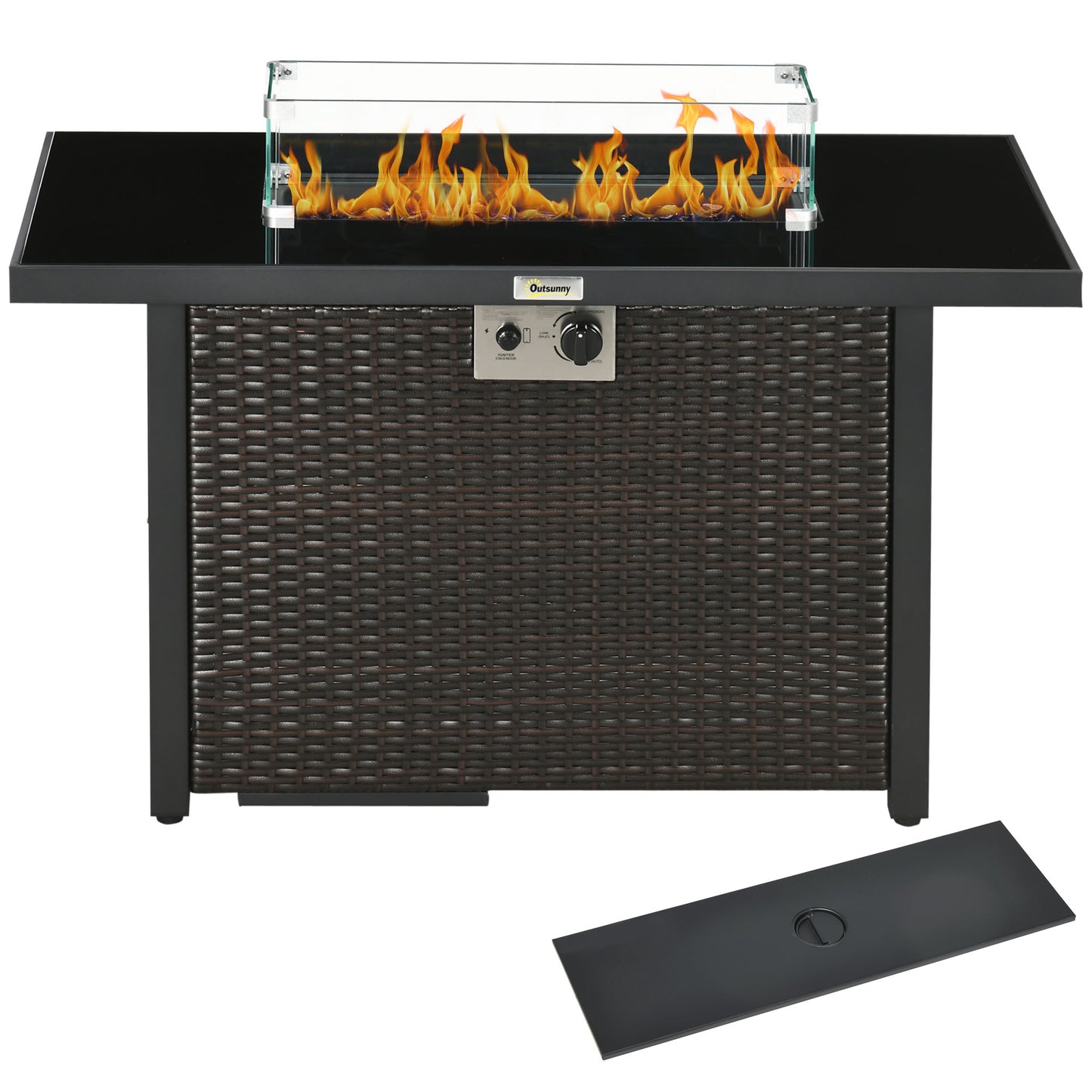 Propane Fire Pit Table 43" Outdoor Fire Table, 50,000 BTU Pulse-Ignition Wicker Firepit Furniture with Glass Wind Guard, Blue Glass Rock, CSA Certification, Coffee