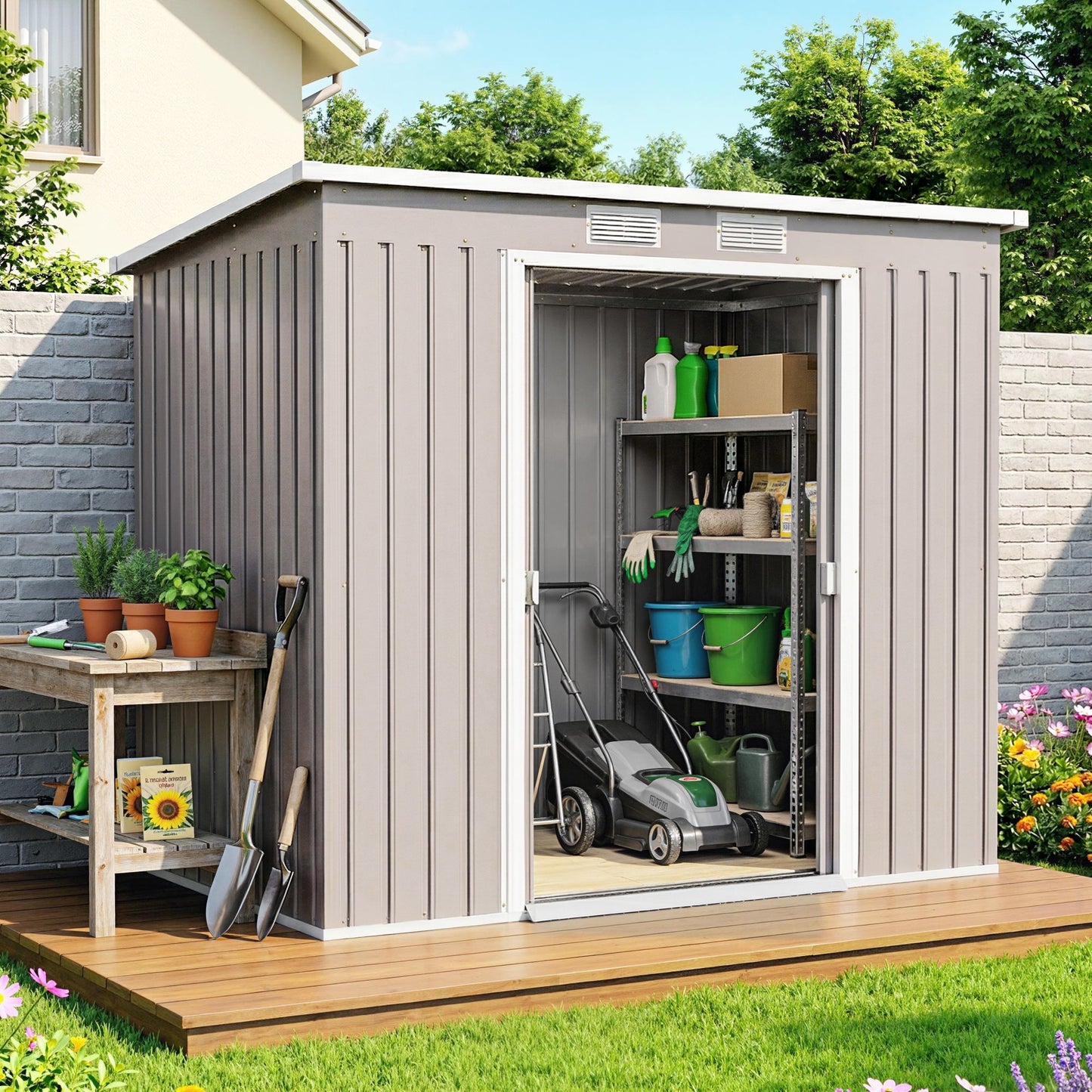 7' x 4' Galvanised Steel Garden Shed, with Foundation Kit - Grey