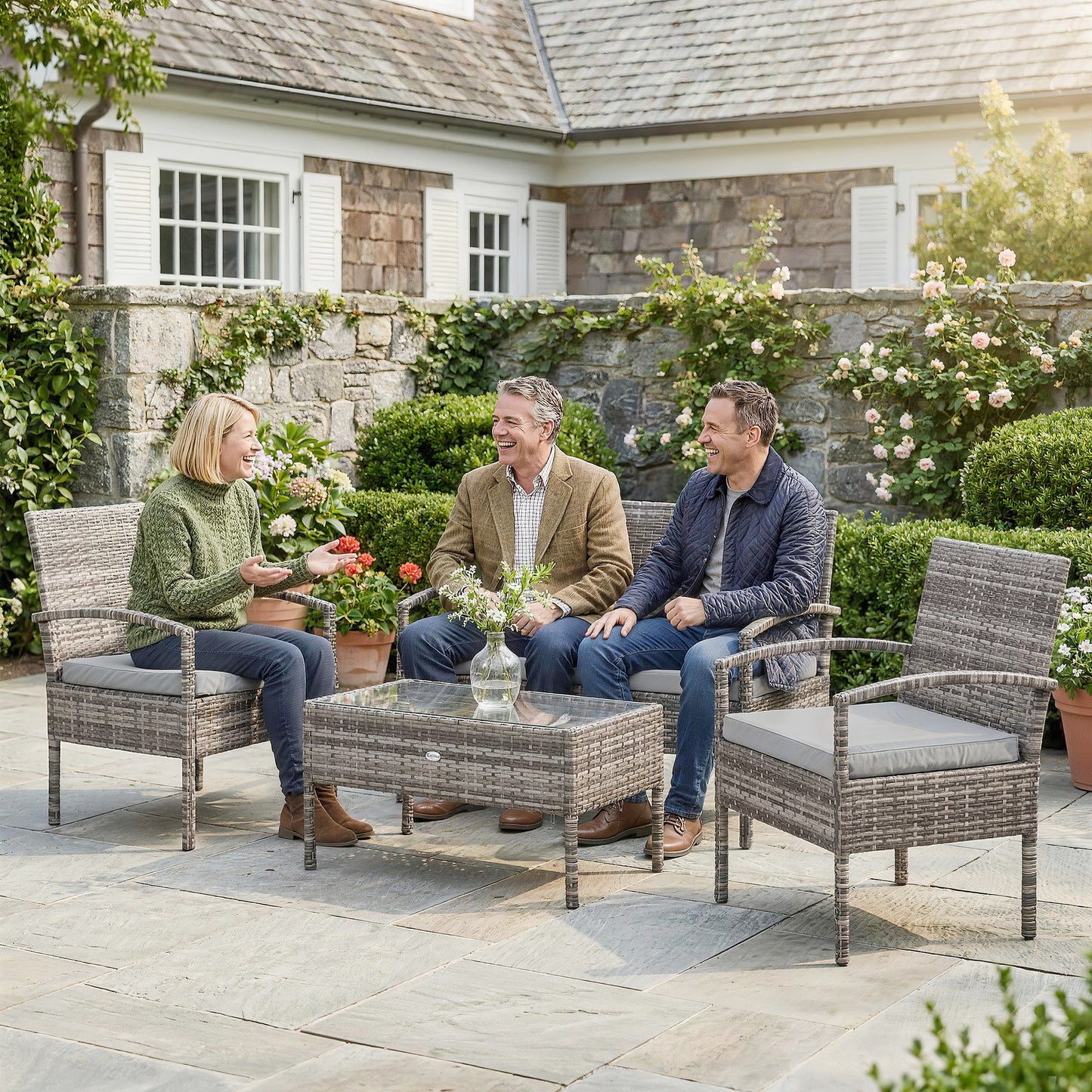 4 Pieces Patio Furniture Set with A Loveseat, Two Armchairs and A Coffee Table, Outdoor Conversation Set, Light Grey