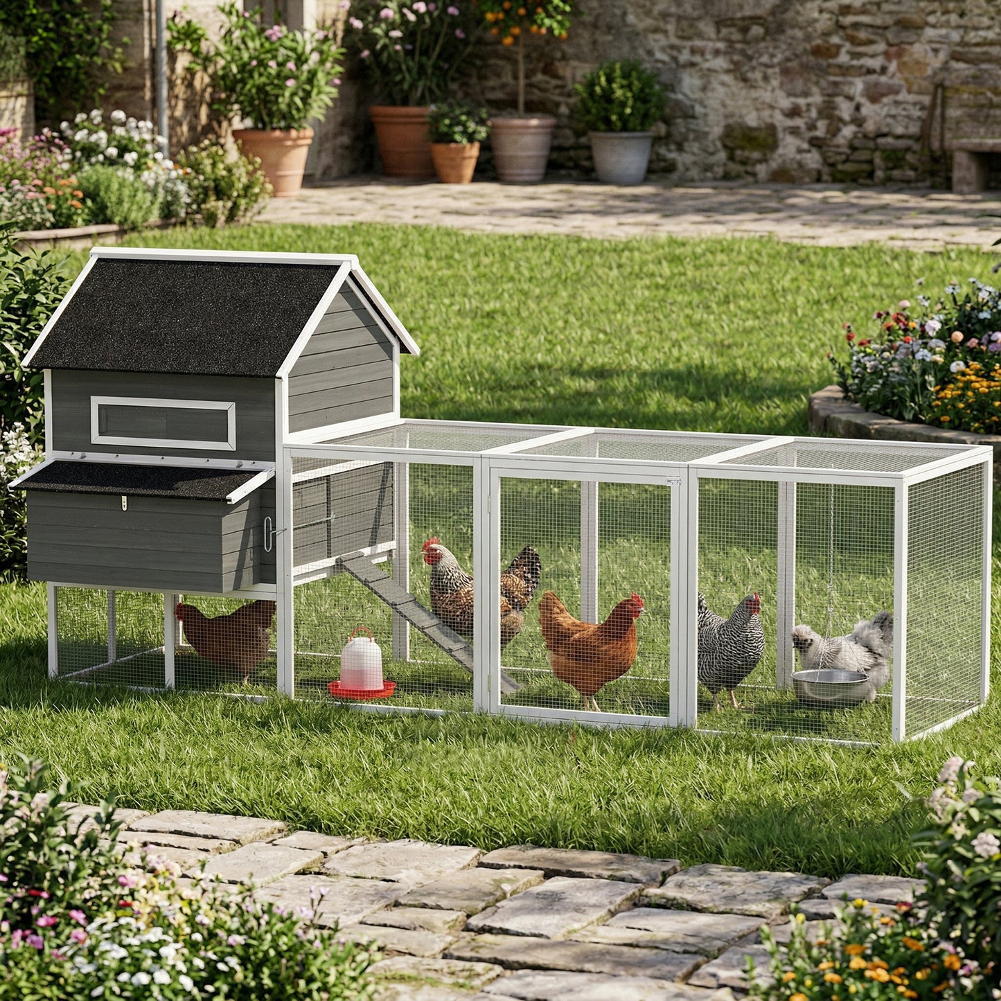 137" Wooden Chicken Coop with Chicken Run, Nesting Box, Dark Grey