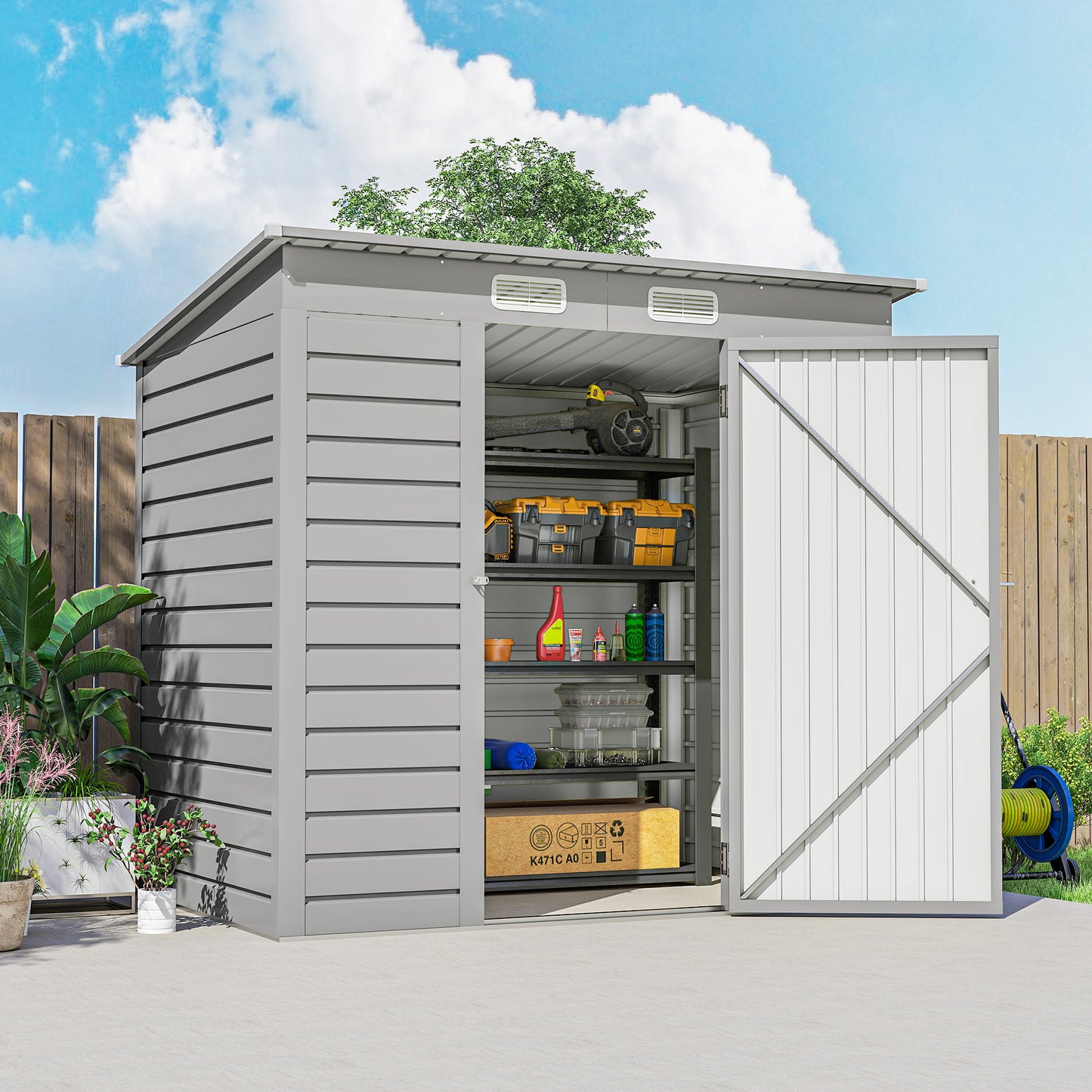 6 x 4FT Galvanized Garden Storage Shed, Metal Outdoor Shed with Double Doors and 2 Vents, Light Grey
