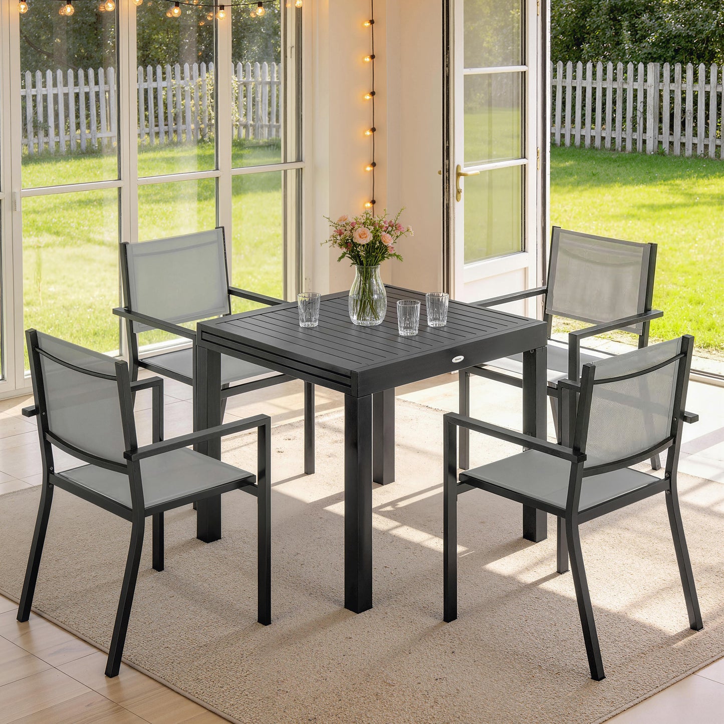 7 Pieces Outdoor Dining Set, Aluminum Patio Table and Chairs Set for 6 with Extendable Tabletop and Stackable Chairs