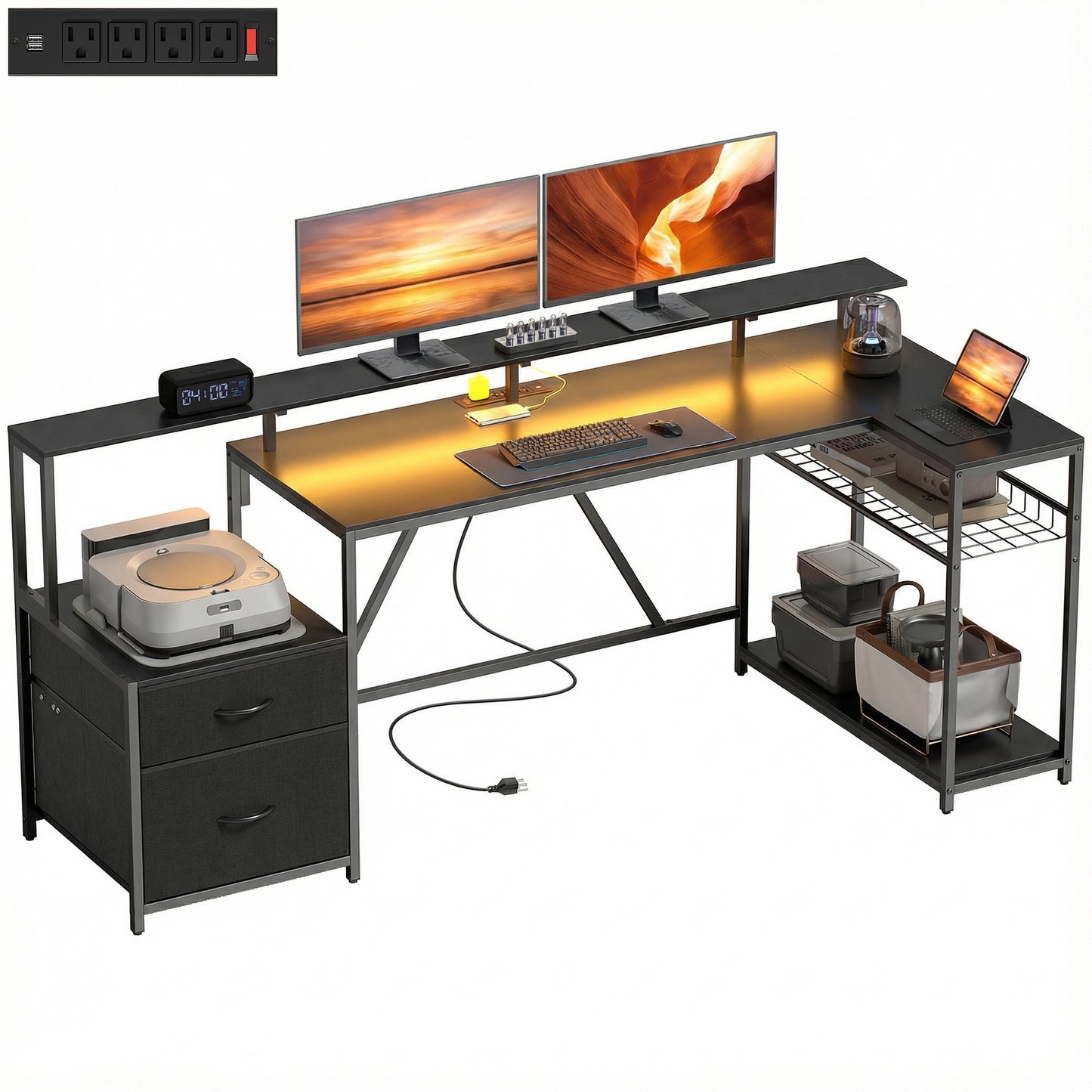76" Gaming Desk, Reversible Computer Table with RGB Lights, USB Ports, Monitor Stand and 2 Fabric Drawers, Black