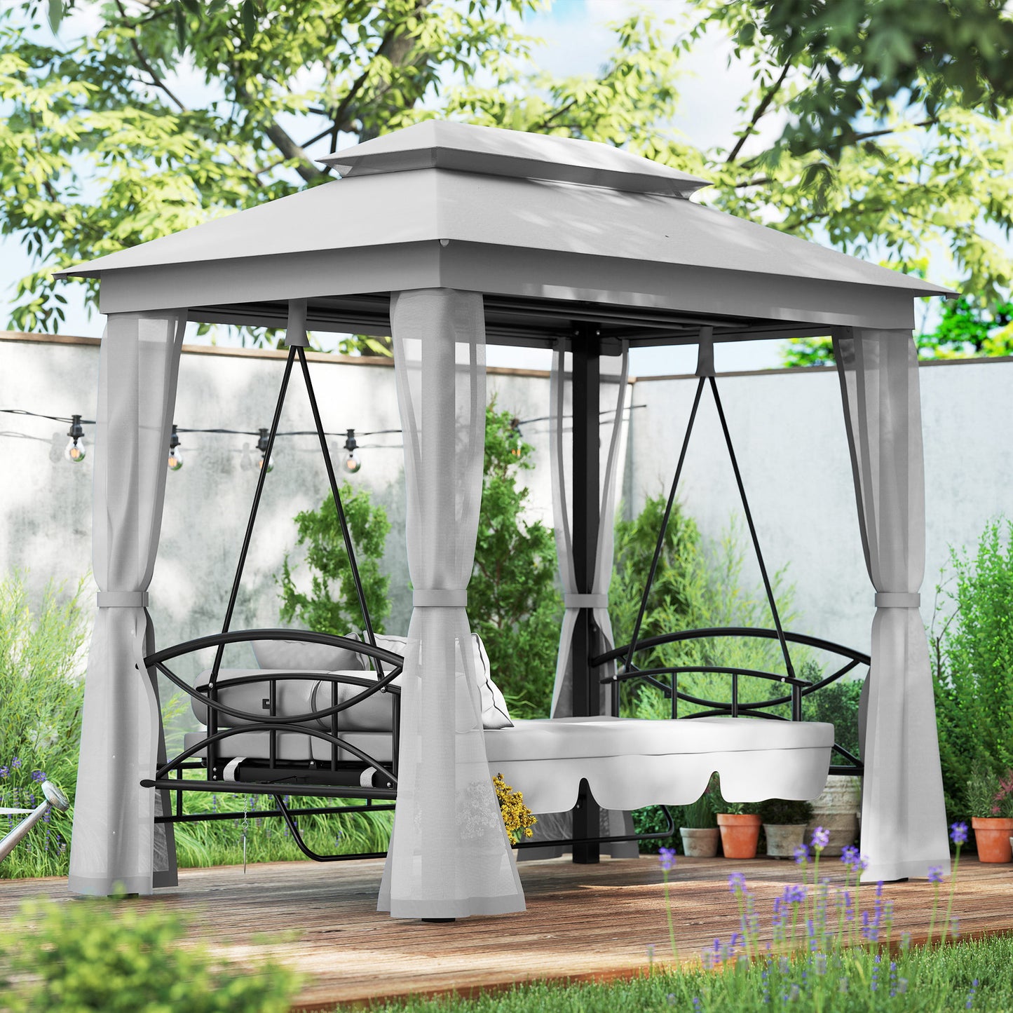 3 Person Outdoor Patio Daybed, 3 in 1 Canopy Gazebo Swing Chair Garden Hammock with Mesh Mosquito and Sun Shade, Grey