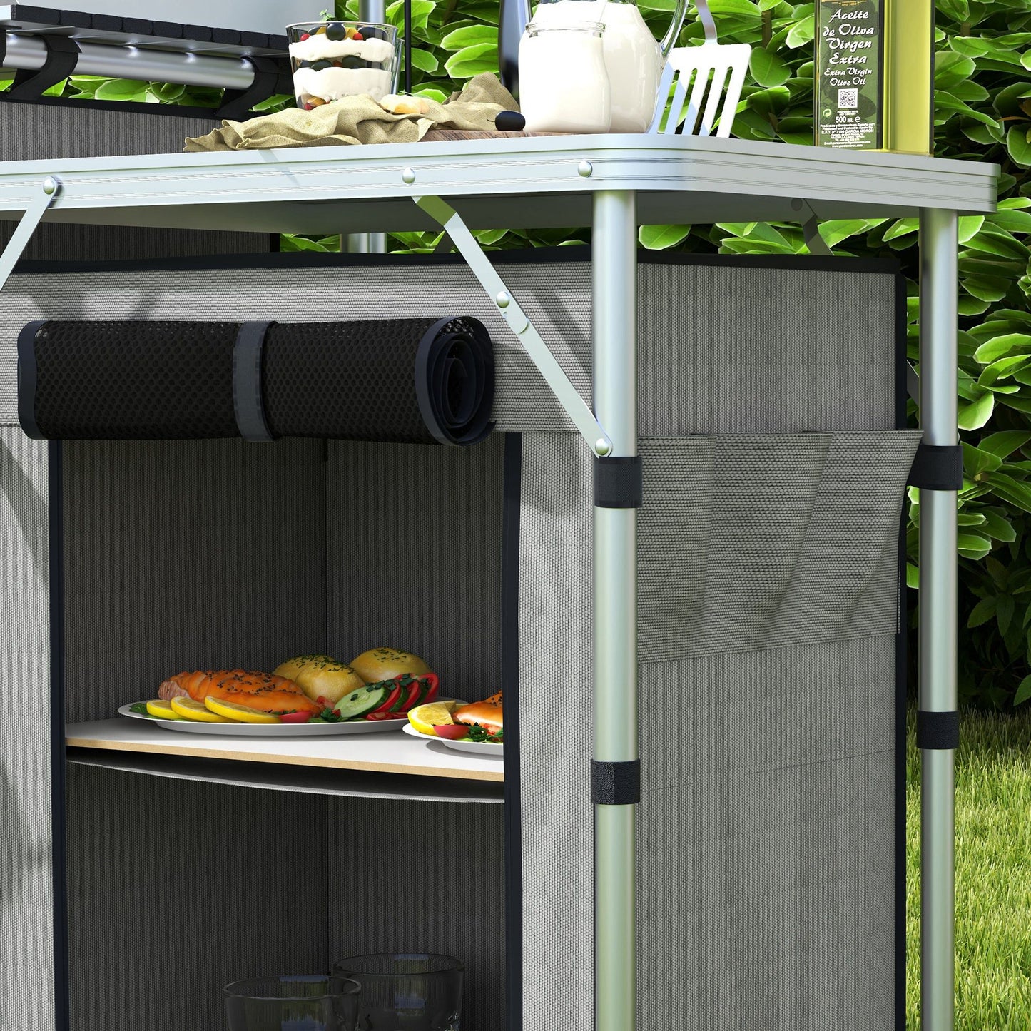 Aluminum Camping Kitchen, Portable Folding Camping Table with Fabric Cupboards, Windshield, Bag for BBQ, Picnic, Grey
