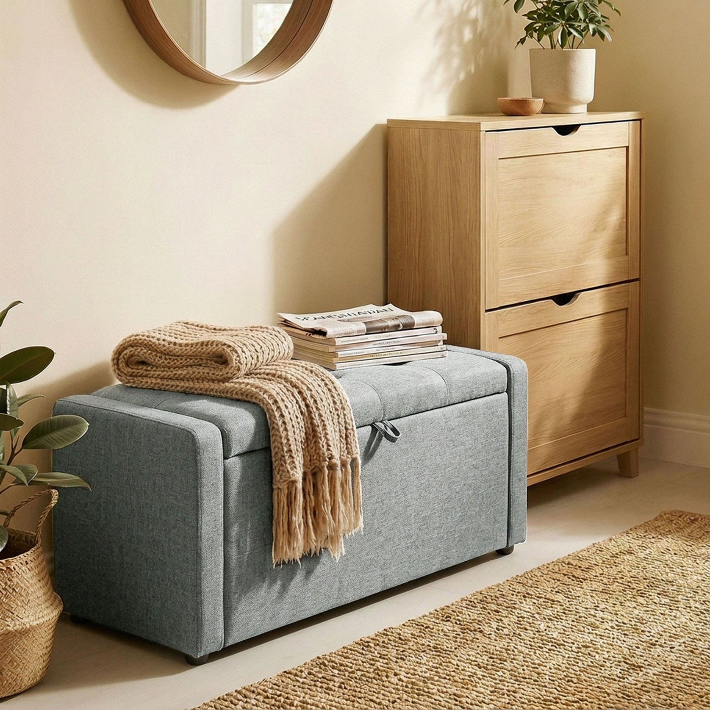 Storage Ottoman Bench, Linen-Look Fabric Upholstered Ottoman with Storage, Wide Padded Seat, Light Grey