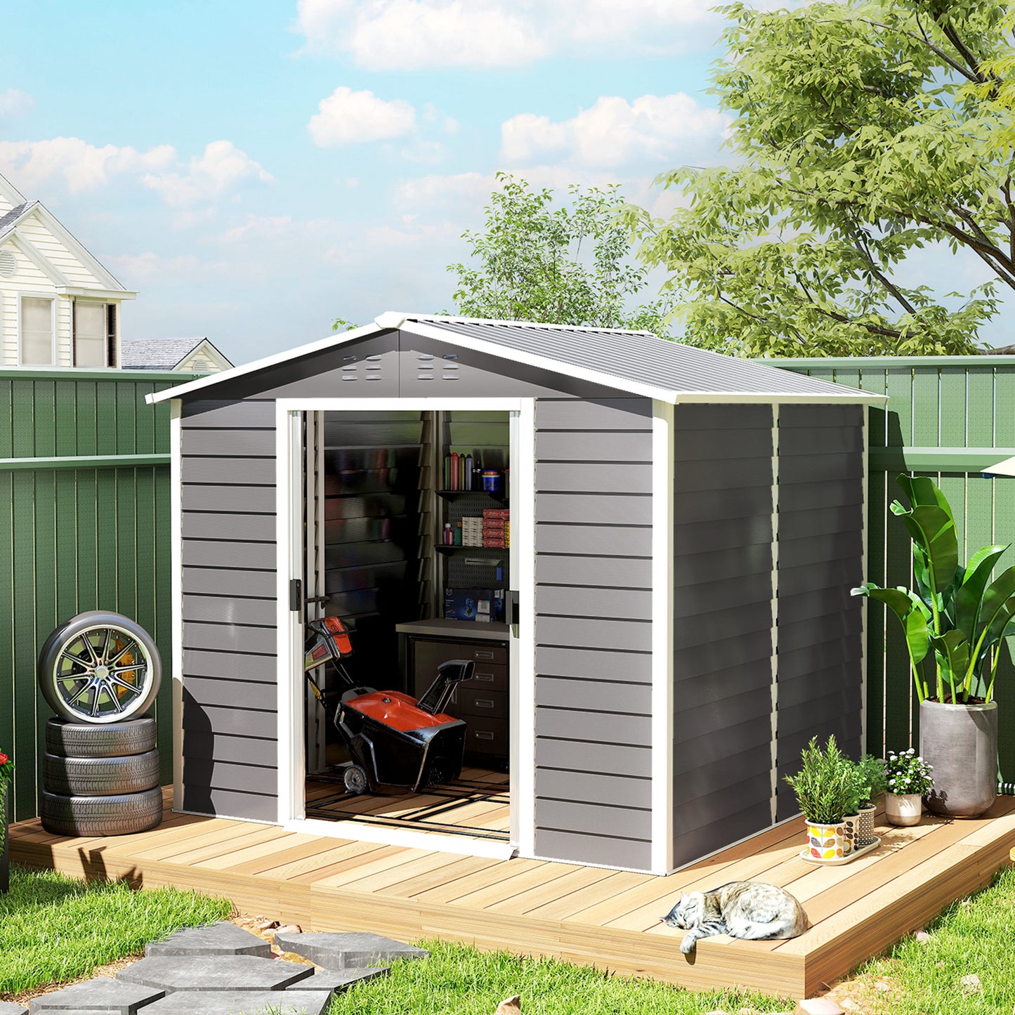 8' x 7' Outdoor Storage Shed, Easy to Assemble, Upgraded Galvanized Metal Garden Shed with Lockable Doors, Floor Frame and Gloves for Backyard, Lawn, Patio, Light Grey
