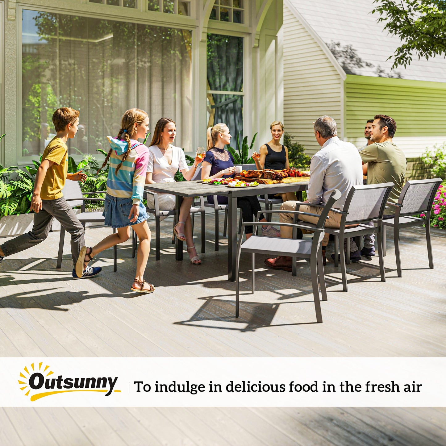 63"-94.5" Extendable Patio Dining Table for 6-8 Person, Outdoor Dining Table with Aluminium Edging, Steel Frame, Grey