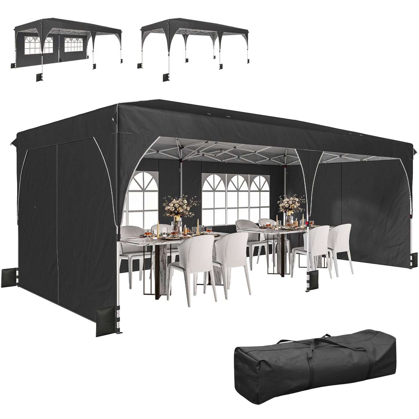 10 x 20 ft Pop Up Canopy Tent with Reflective Strips, UPF 50+ Easy up Instant Canopy with 6 Sandbags, Black