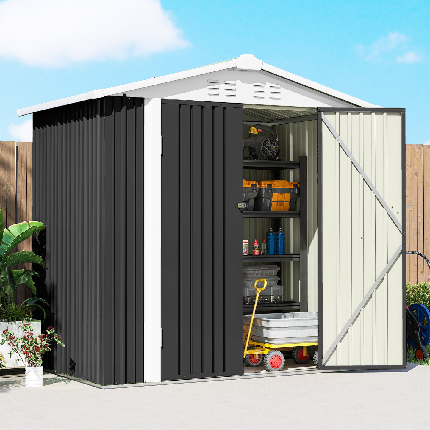6.5' x 4' Outdoor Storage Shed, Metal Garden Shed with Lockable Double Doors, 4 Vents, Dark Grey