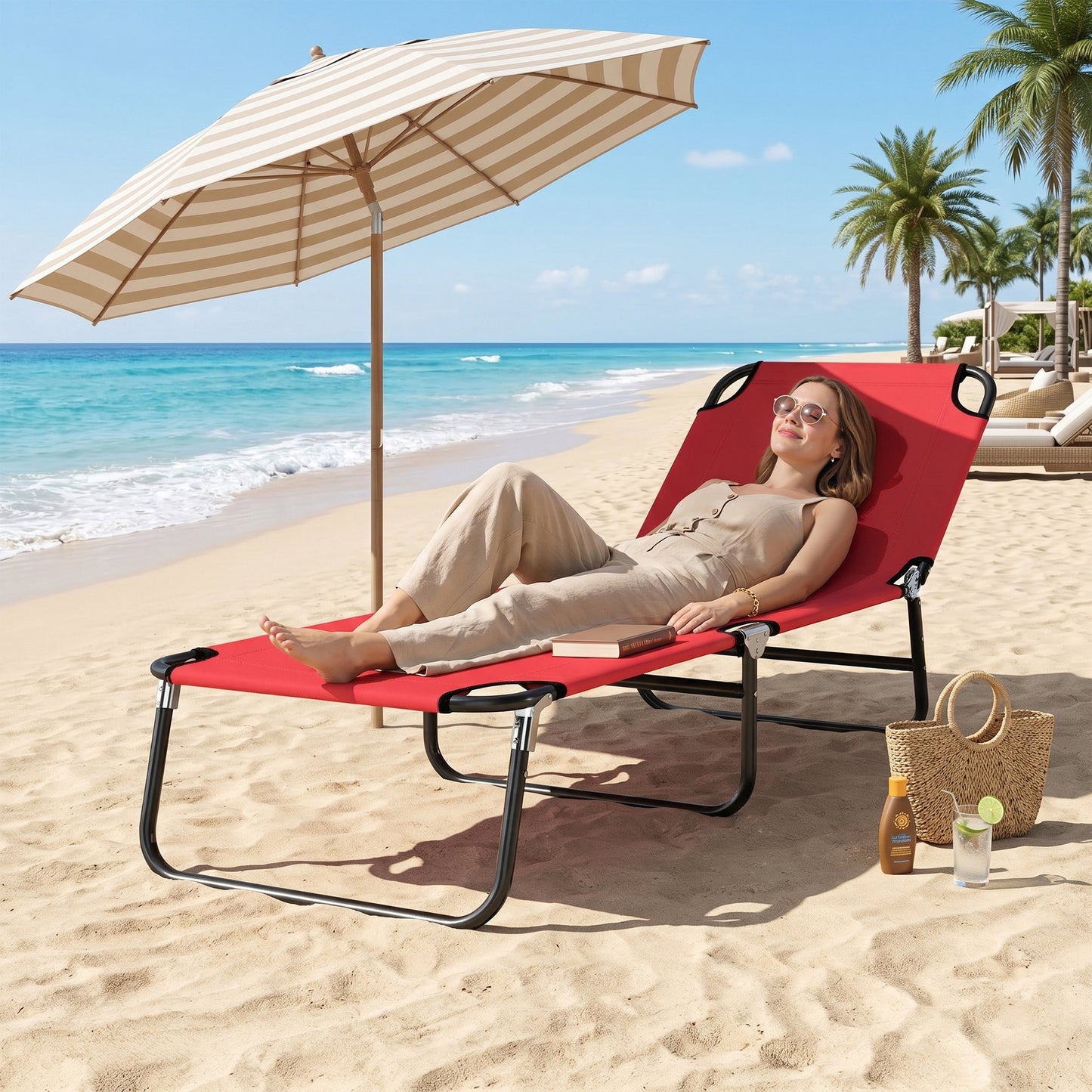 Outdoor Folding Lounge Chair, Steel Tanning Chair with Reclining Back, Breathable Mesh for Beach, Yard, Patio, Red