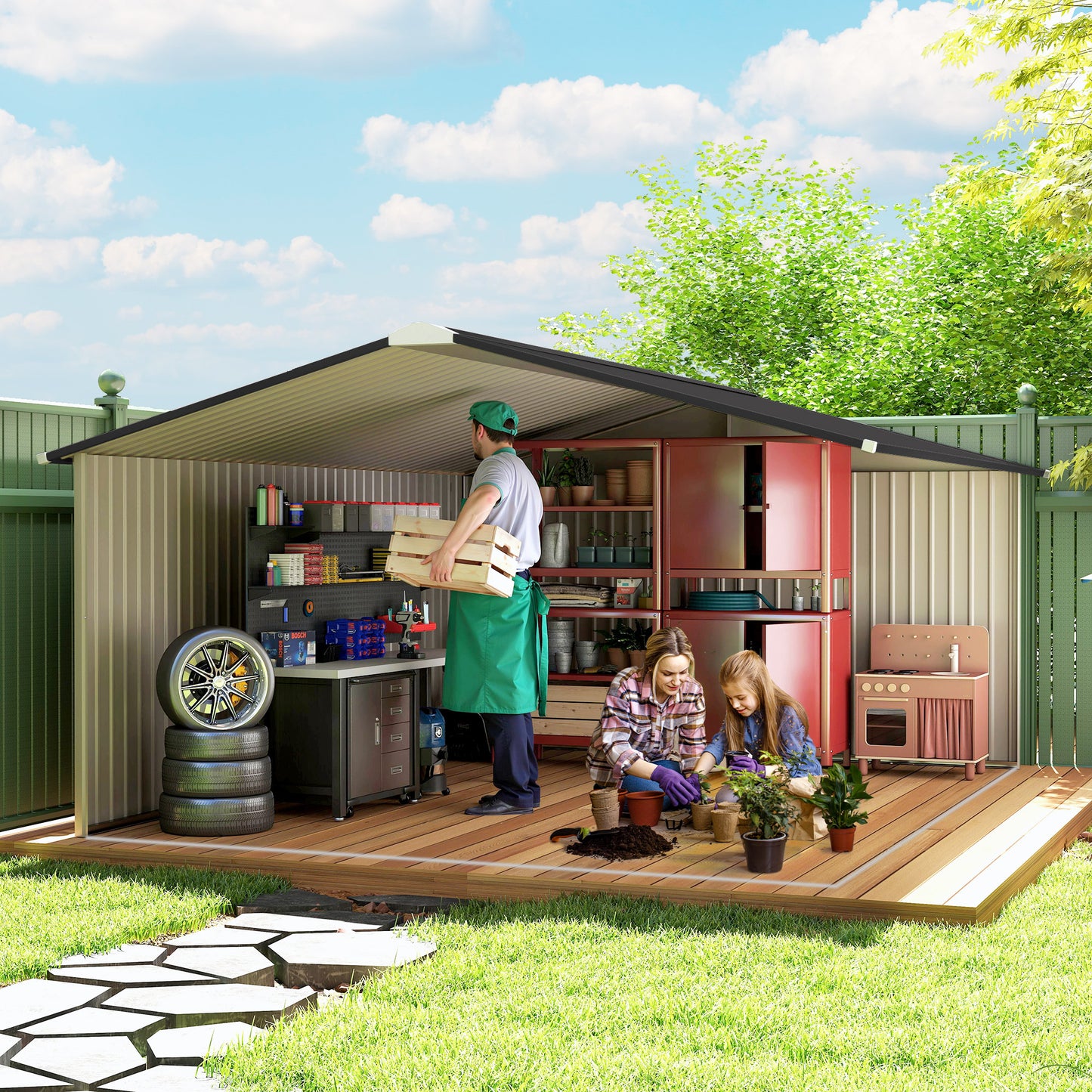 11' x 13' Garden Storage Shed w/ Foundation Kit Metal Tool Storage House w/ Double Doors White