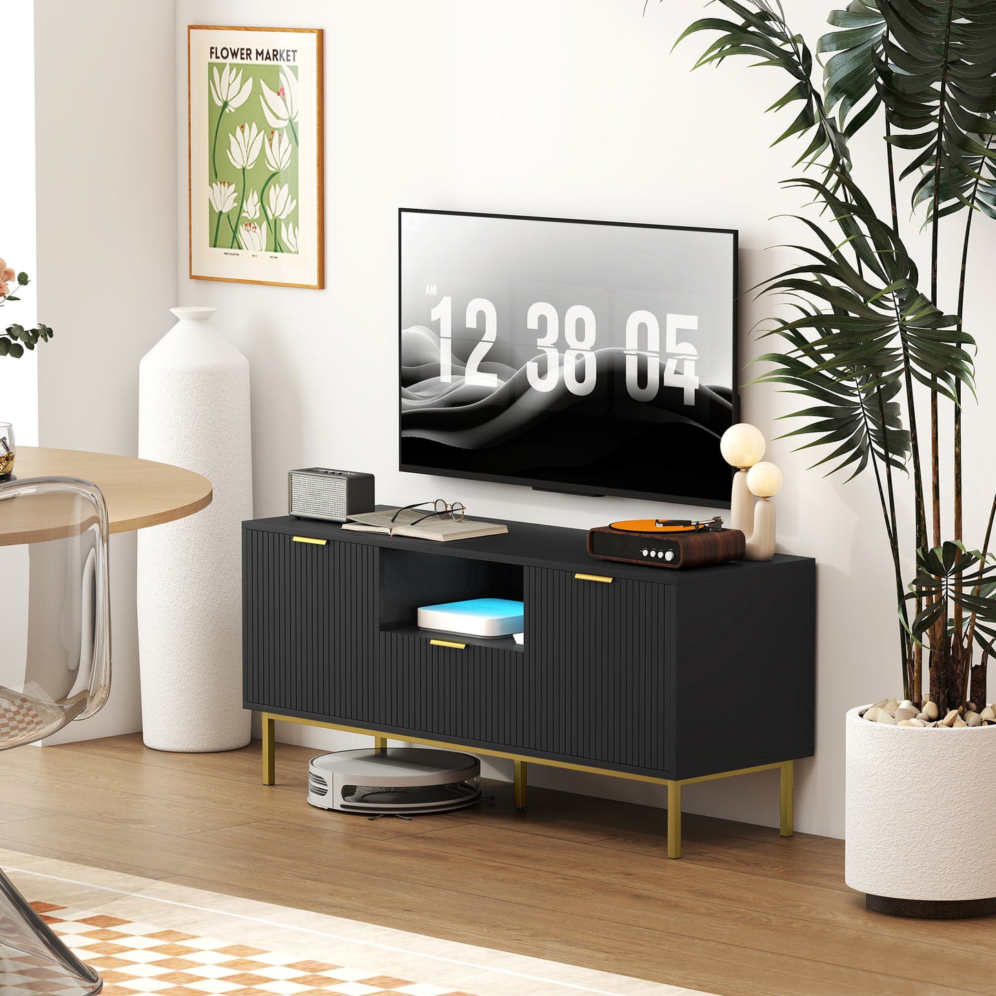 Modern TV Console for TVs up to 50 Inch, Entertainment Center with Smart RGB LED Lights and Soft Close Doors, Black