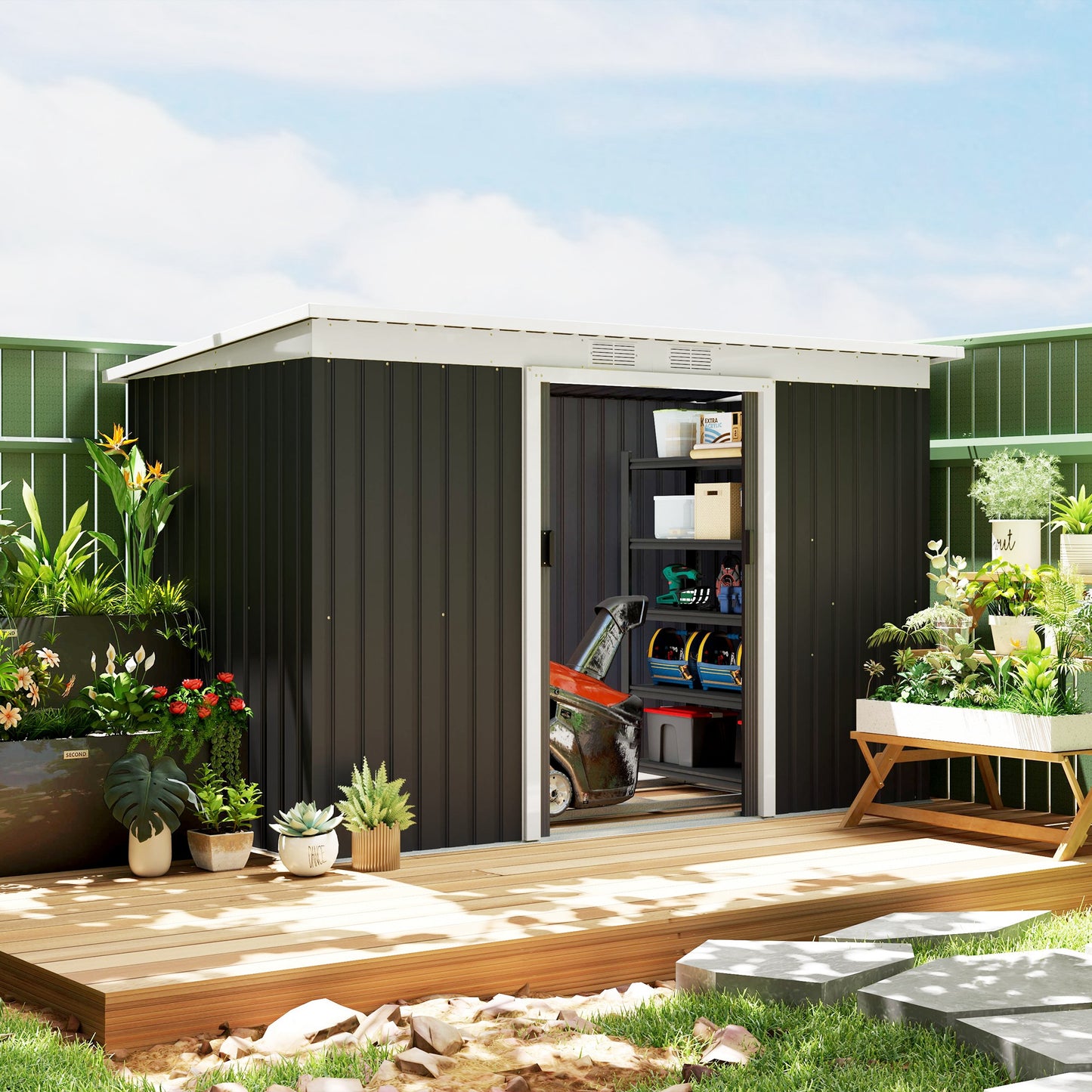 9x4 Outdoor Storage Shed Galvanized Steel Garden Shed with Foundation Kit, Ventilation & Doors, Dark Grey