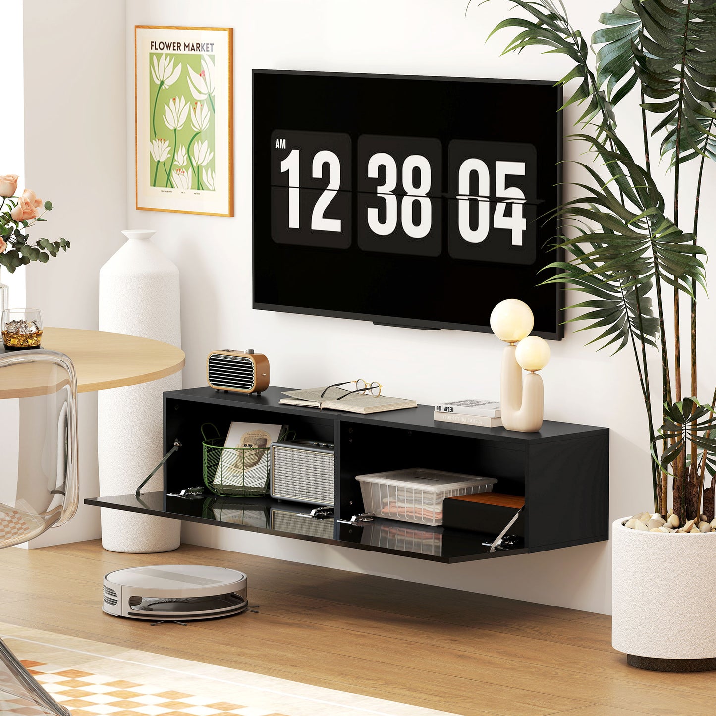 Floating TV Stand with Storage Cupboards for 45, 55, 65in TVs, Wall Mounted TV Console Entertainment Unit, Black