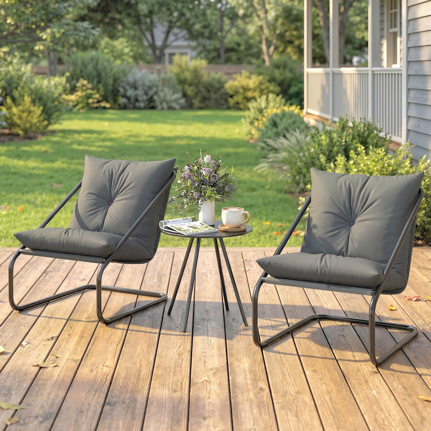 Outdoor Bistro Set, 3 Piece Patio Furniture Set with 2 C Spring Chairs and Round Table for Balcony, Light Grey