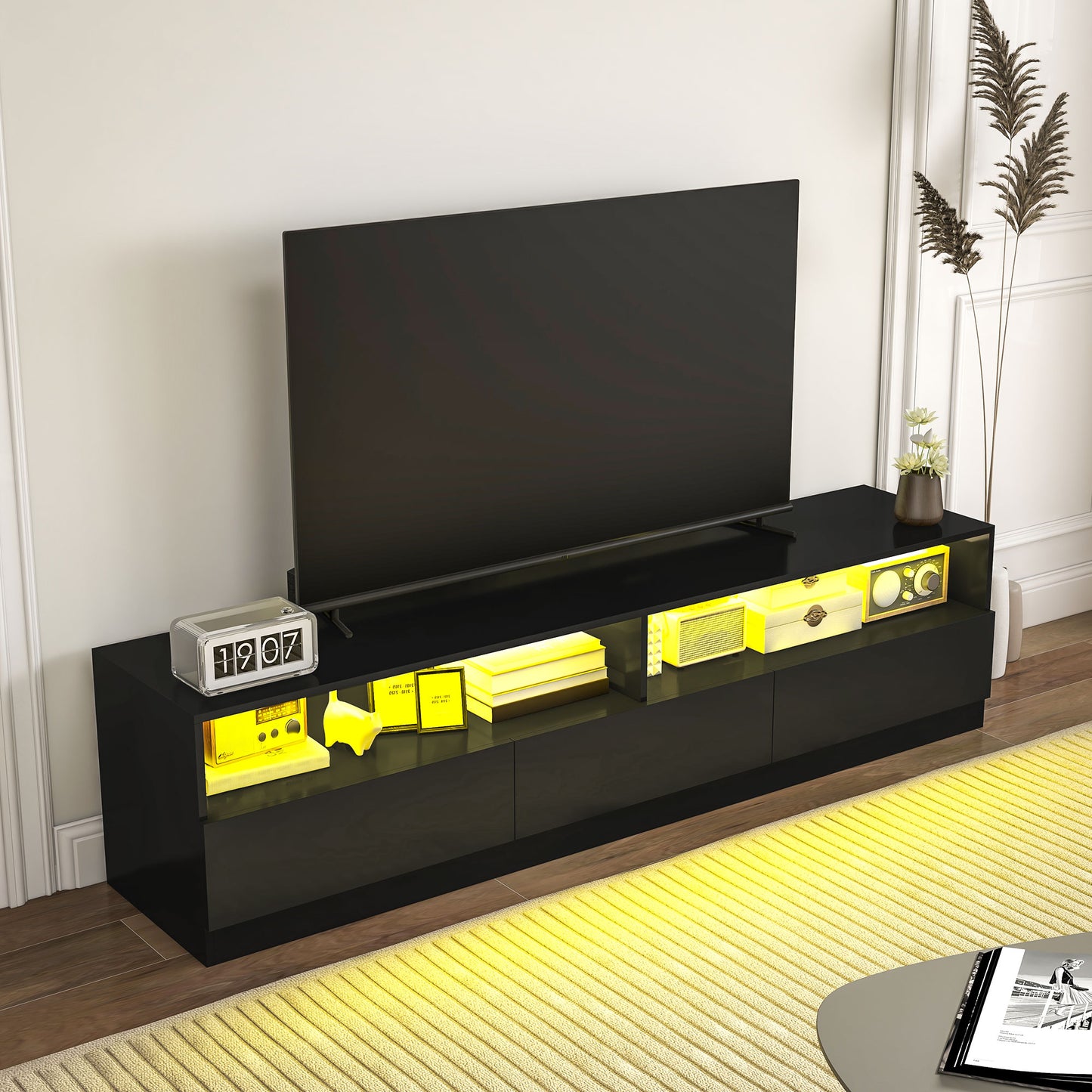 LED Lighted TV Stand for TVs up to 75", Modern TV Cabinet with Storage Drawers for Living Room, High Gloss Black