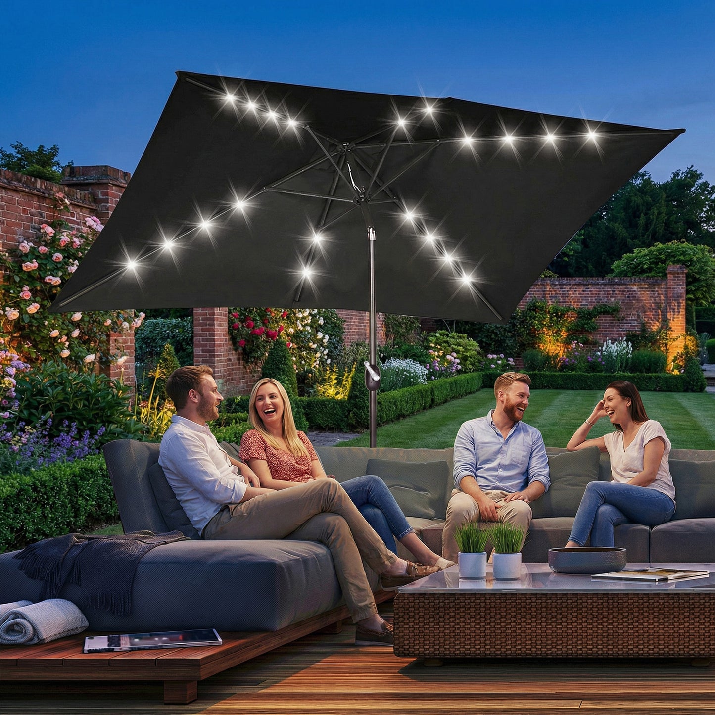 6.5x10ft Patio Umbrella, Rectangle Tilt Outdoor Market Parasol with LEDs, Black