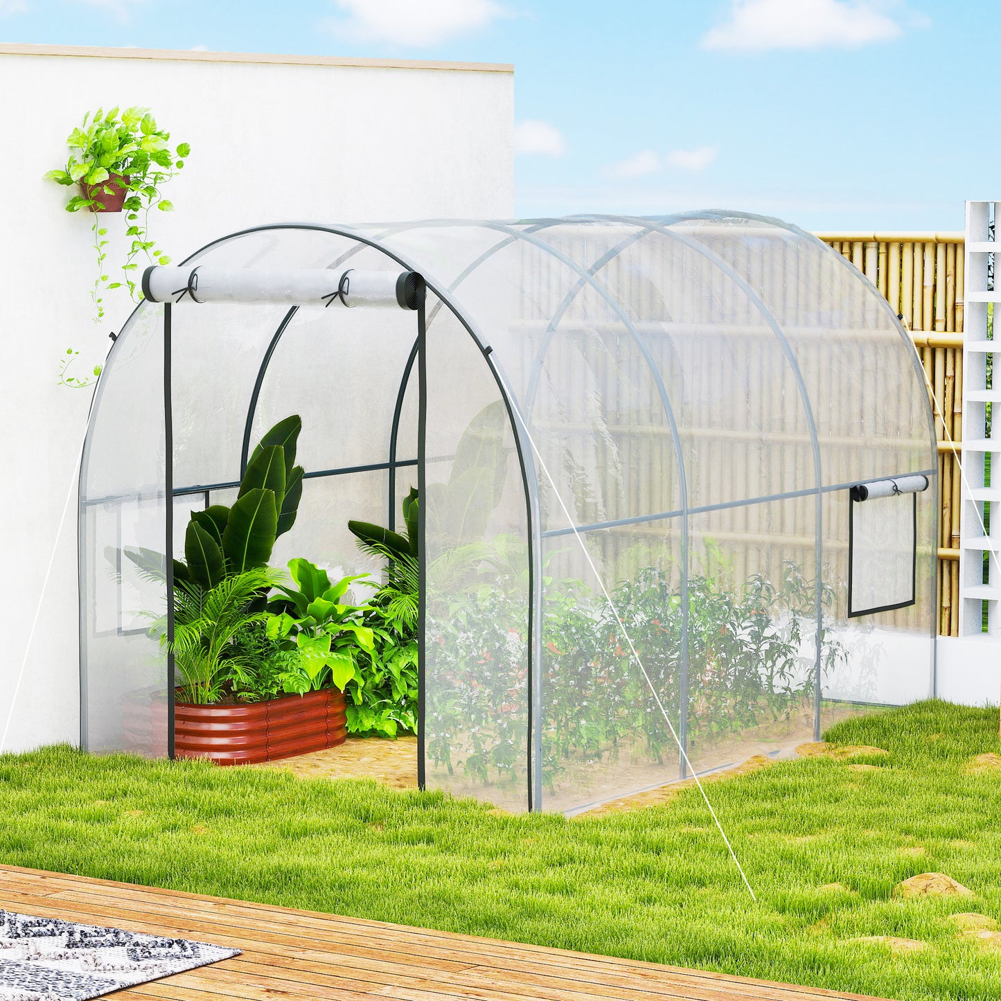 Polytunnel Greenhouse with Roll-up Door and Mesh Window, Walk-in Grow House Tent with Steel Frame, 3 x 2 x 2 m, Clear
