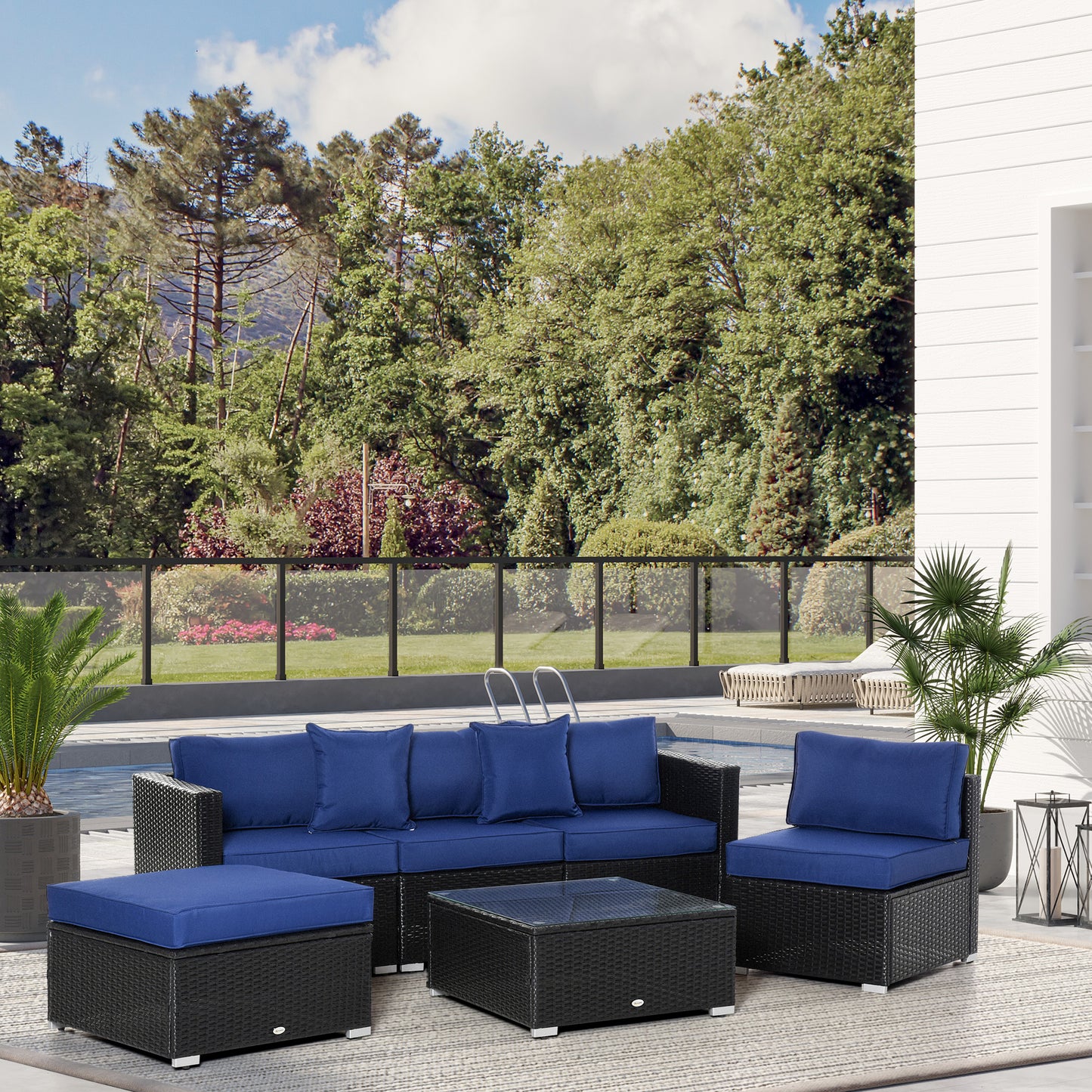 6 Pieces Outdoor PE Rattan Wicker Patio Furniture Sofa Set with Thick Cushions, Deluxe Garden Sectional Couch with Glass Top Table, Black and Dark Blue