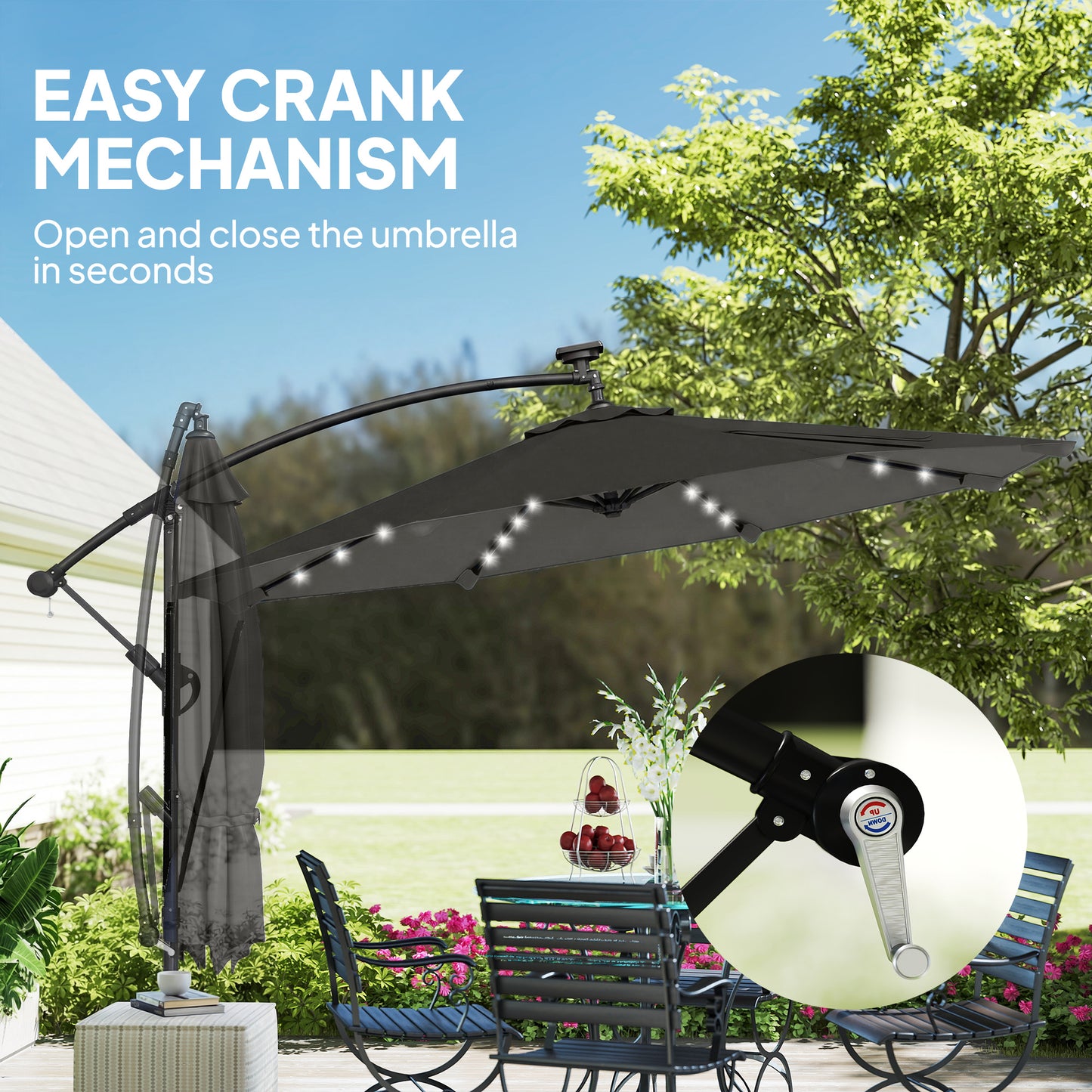 11.3 ft Cantilever Patio Umbrella with Light, Cover, Aluminium UPF50+ Offset Outdoor Umbrella Parasol, Dark Grey