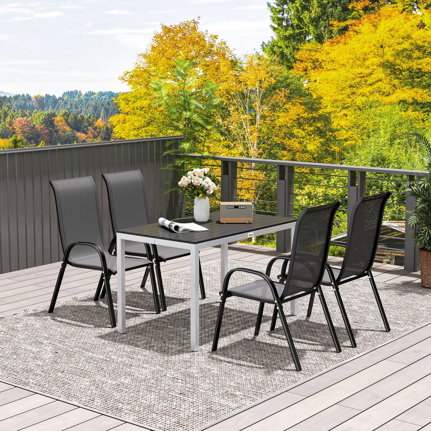 Outdoor Dining Table for 4-6 with Easy Maintenance Slatted Top, Rust-Resistant Aluminium Frame, Black
