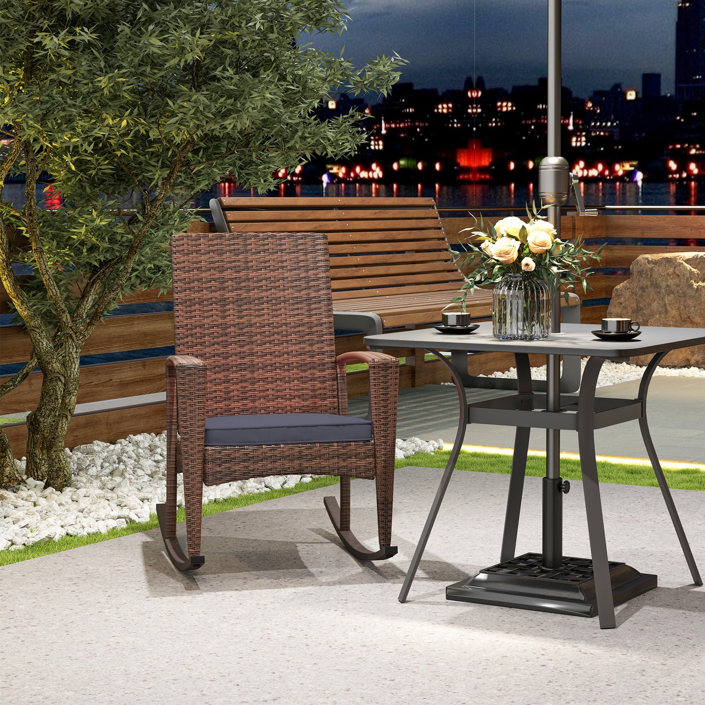 Outdoor PE Rattan Rocking Chair, Garden Glider Rocking Chair, Wicker Patio Chair Set with Armrest and Cushion, Wine Red
