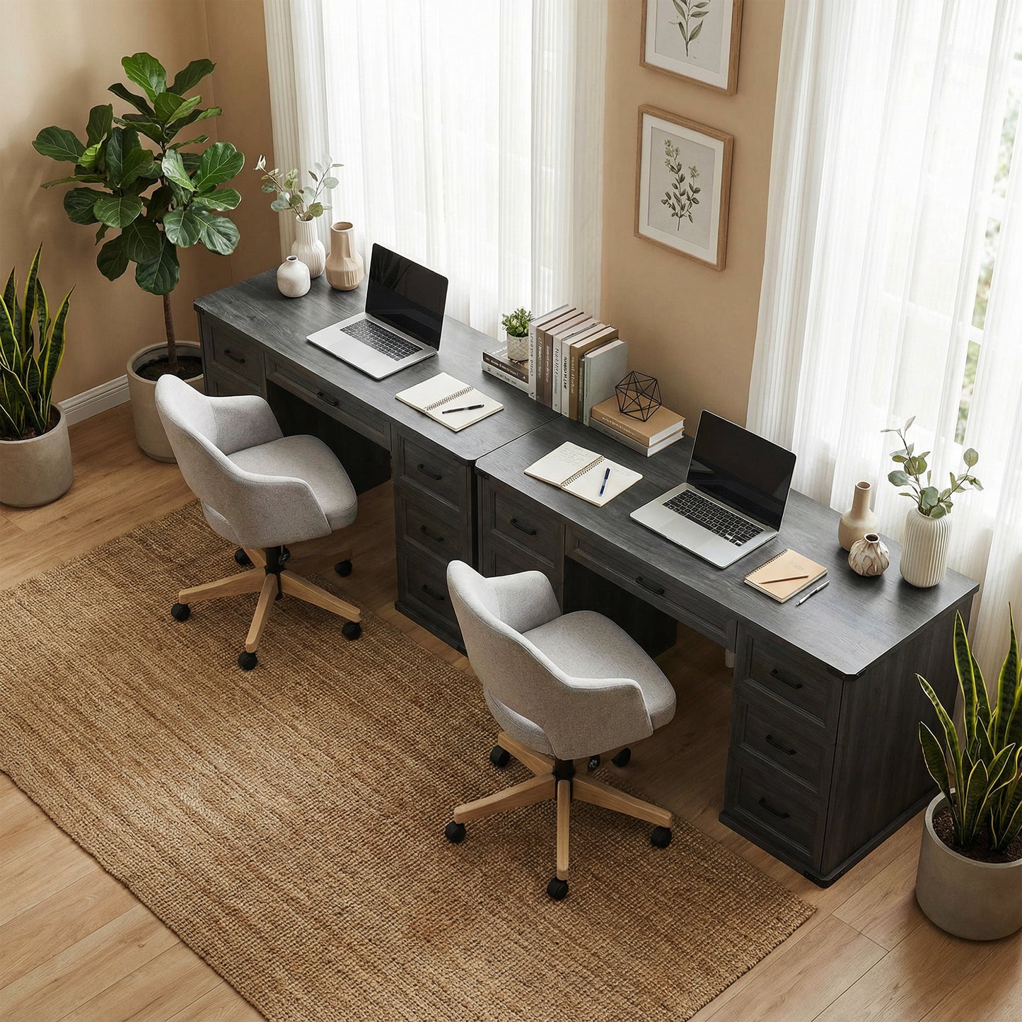 55" Computer Desk with 7 Drawers, Farmhouse Executive Desk for Home Office, Study, Bedroom, Black Wood Grain