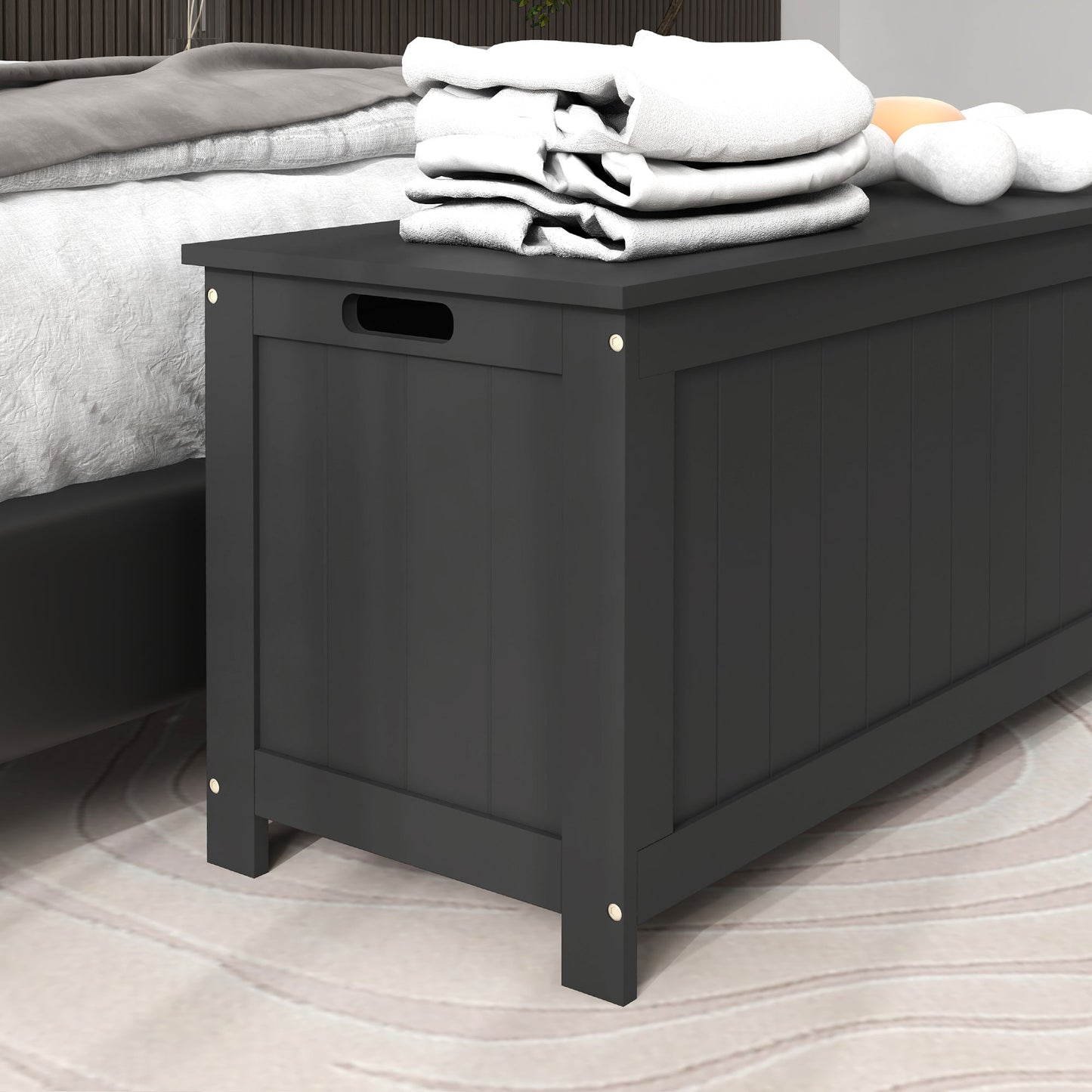 Storage Trunk with 2 Safety Hinges, Modern Entryway Bench with Side Handles, Storage Chest for Living Room, Black
