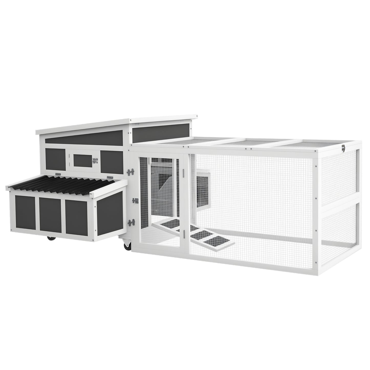 Wooden Chicken Coop, Rabbit Hutch with Large Run, Outdoor Poultry Cage with Nesting Box, Tray, Windows, Dark Grey